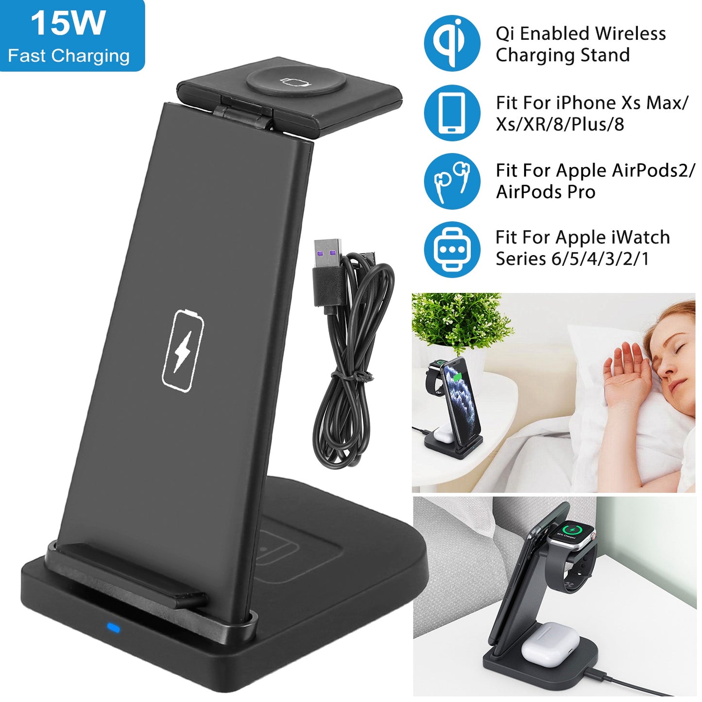 3-in-1 Wireless Qi Enabled Charger Dock 15W Fast Charging Station For iPhone Apple iWatch Series 6/5/4/3/2/1 AirPods 2 AirPods Pro Fit For iPhone Xs M