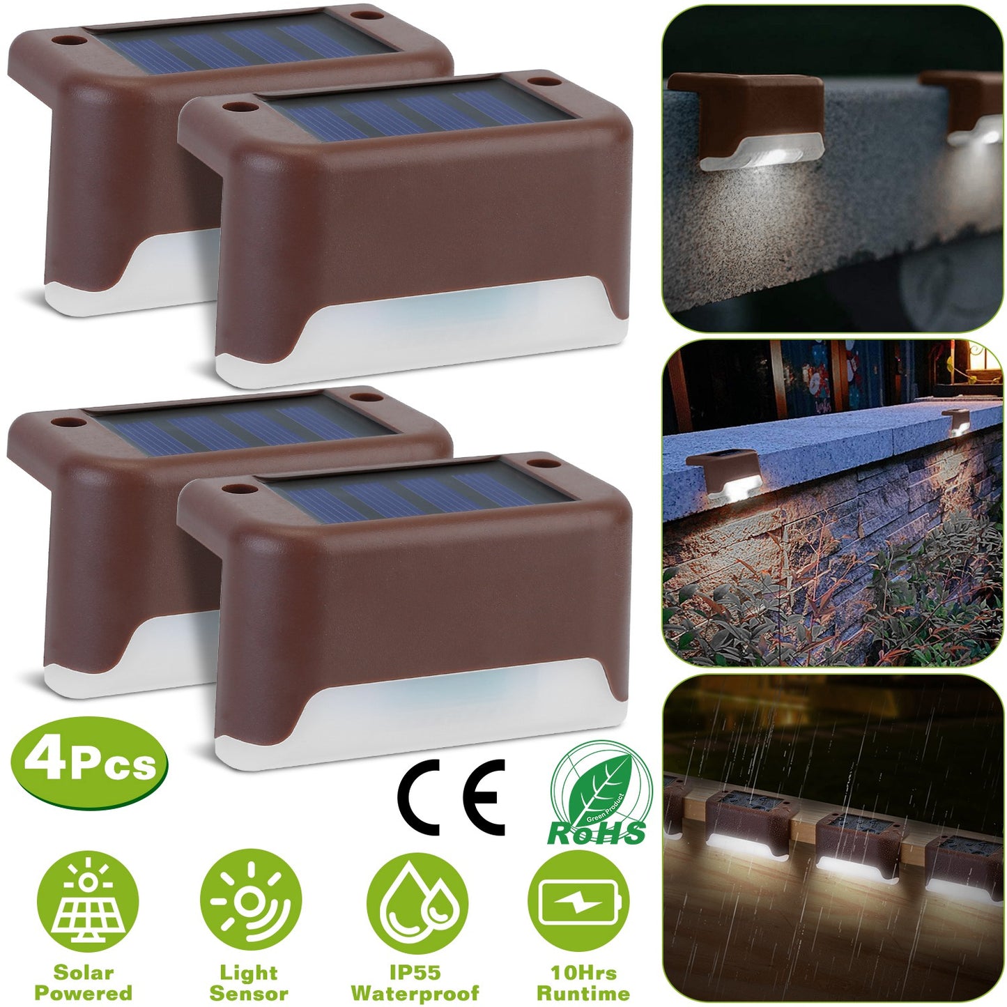 4Pcs Solar Powered LED Step Lights Outdoor IP55 Waterproof Dusk To Dawn Sensor Fence Lamps For Stairs Yard Railing