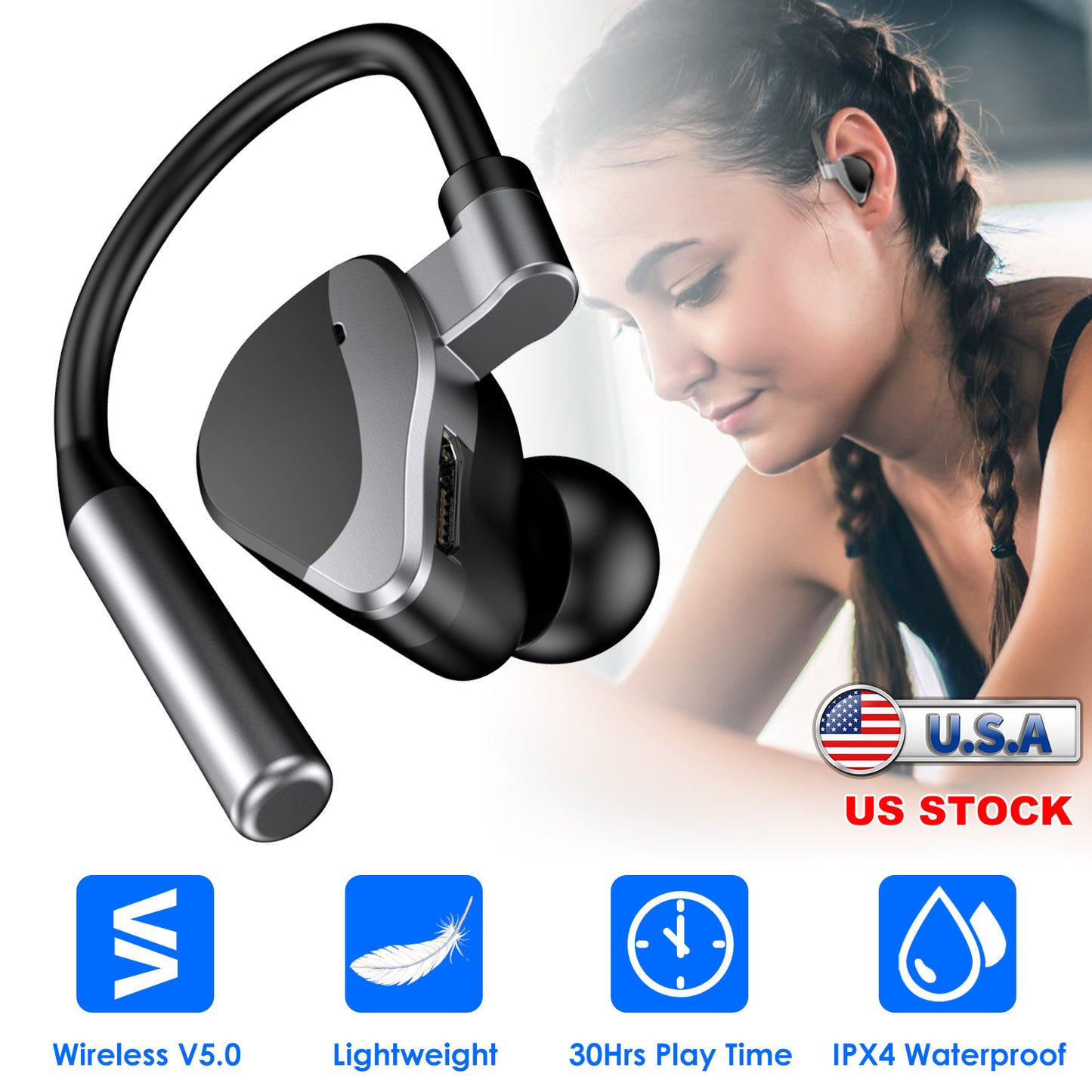Unilateral Wireless Earpiece Rechargeable Wireless in-Ear Headset with Hook for Car Driving Phone Call Office