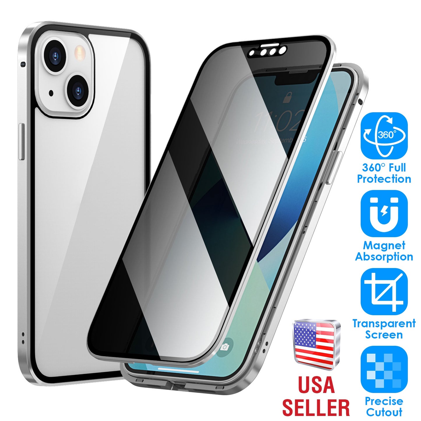 Privacy Magnetic Phone Case 360¡ Full Protection Anti Spy Phone Cover Double Sided Tempered Glass Magnet Absorption Fit for IOS Phone 13 Pro