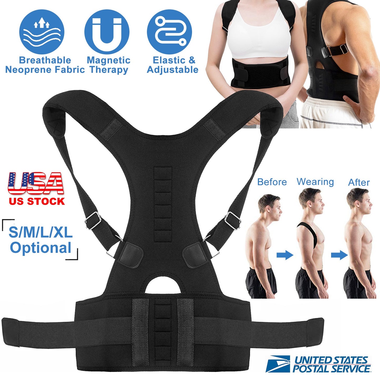 Unisex Posture Corrector Support Magnetic Lumbar Back Posture Support Belt Adjustable Upper Back Braces Clavicle Shoulder Brace Belt Pain Relief Thera