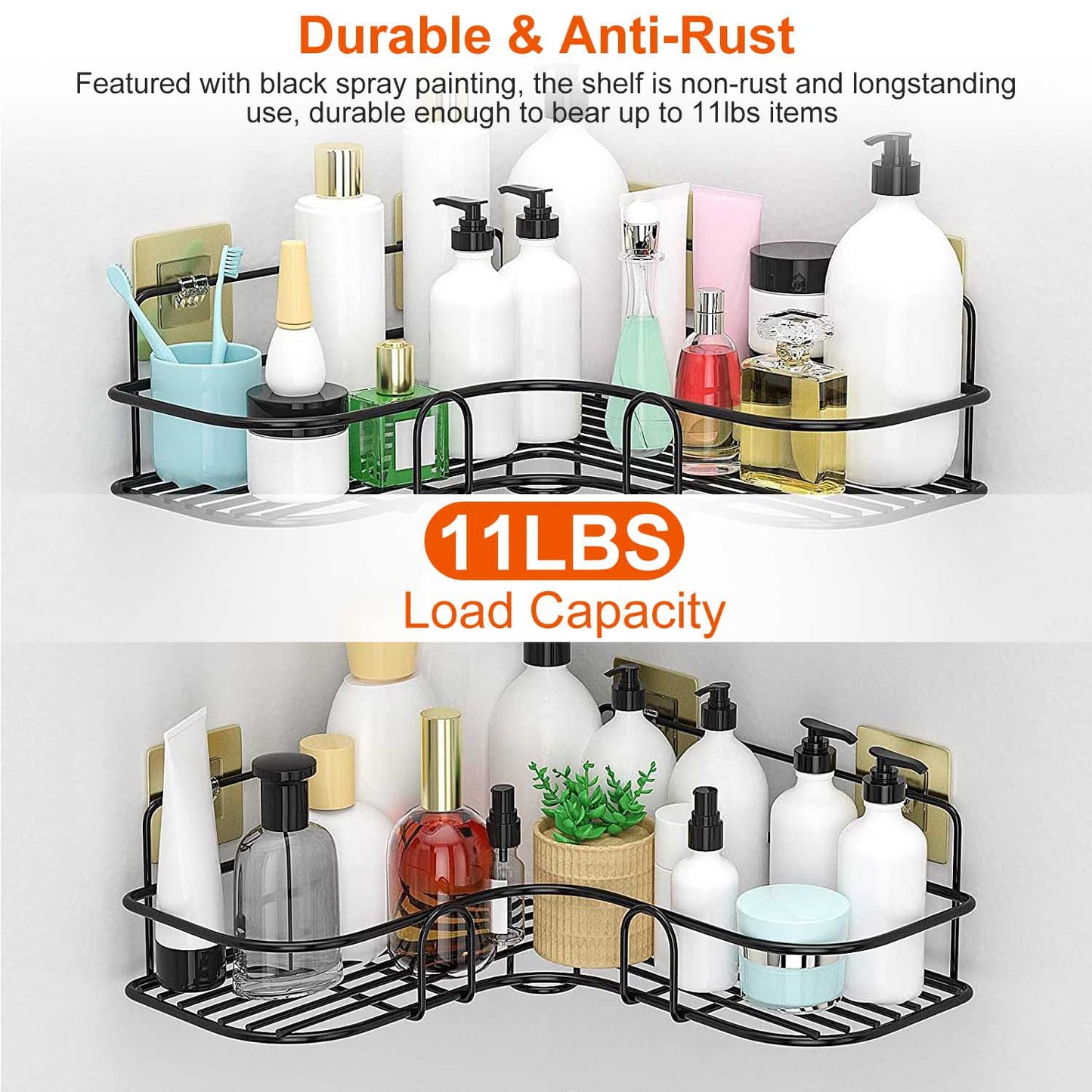 2Pcs Corner Shower Caddy Shelves Wall Mounted Basket Rack Bathroom Shampoo Holder Storage Organizer W/ 8Pcs Adhesive Hooks For Toilet Dorm Kitchen