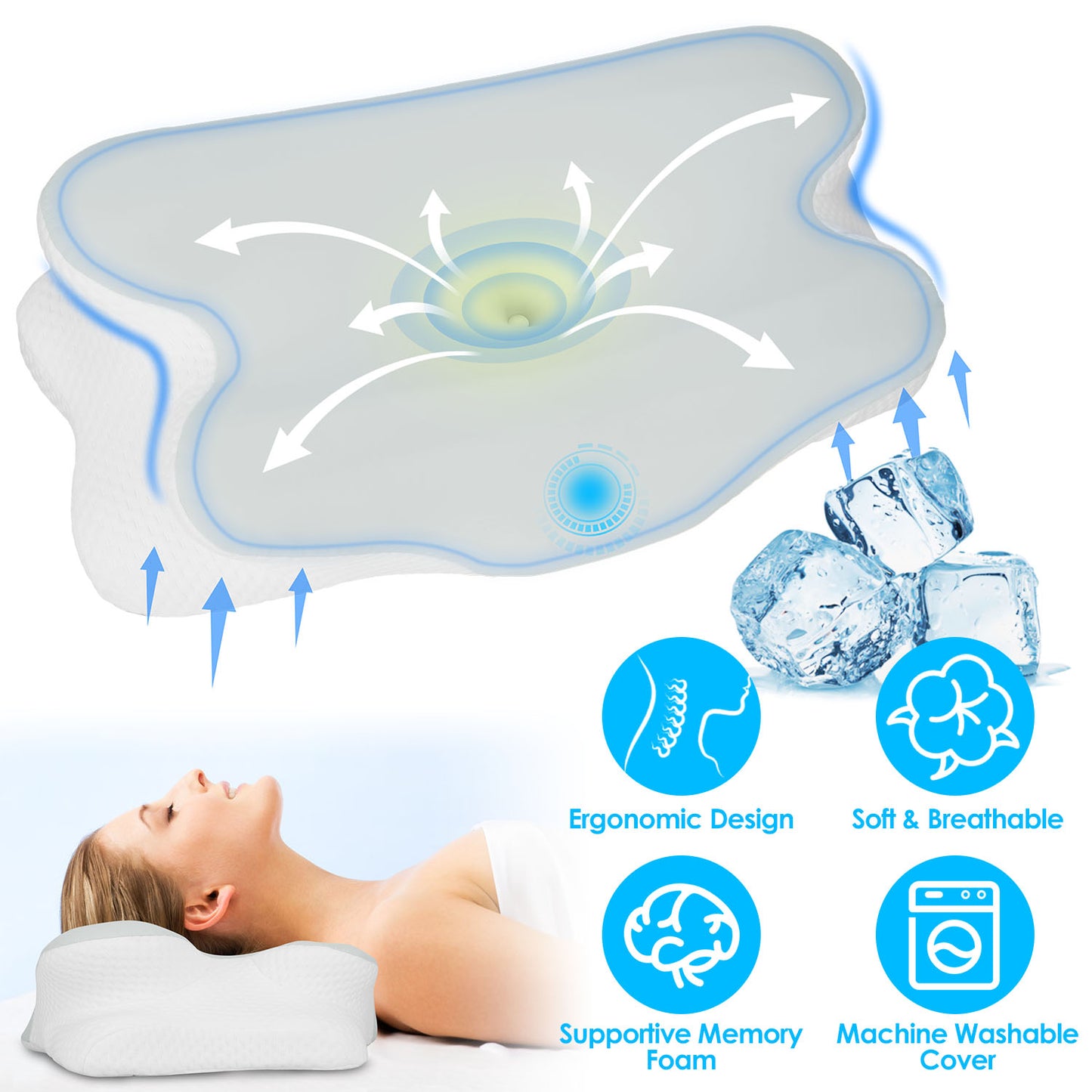 Orthopedic Memory Foam Pillow with Cooling Case Neck Support Pillow with Machine Washable Case for Side Back Stomach Sleepers