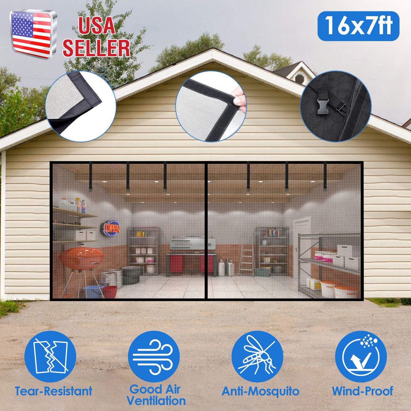16x7FT Magnetic Garage Door Screen Two-Car Garage Screen Mesh Fiberglass Garage Net with Magnetic Closure 6 Buckle Straps for Two Cars