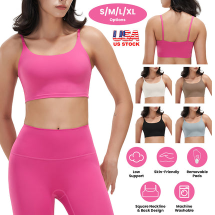 Women Strap Sport Bras Padded Strappy Crop Square Neck Low Impact Bras Sexy Fitness Tank Tops with Removable Pads Flat Straps for Gym Yoga Workout Run