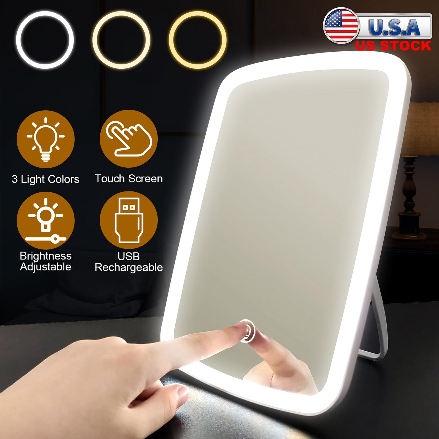5.98x8.62in Lighted Makeup Mirror Vanity Desk Mirror Small LED Mirror with 3 Light Colors Touch Screen Brightness Adjustable USB Rechargeable