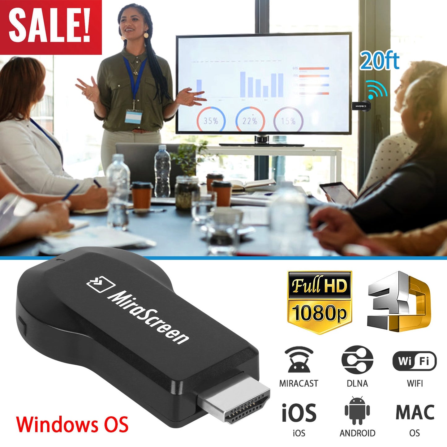1080P Wireless Display Adapter Miracast Dongle for Android IOS TV Streaming Media Player