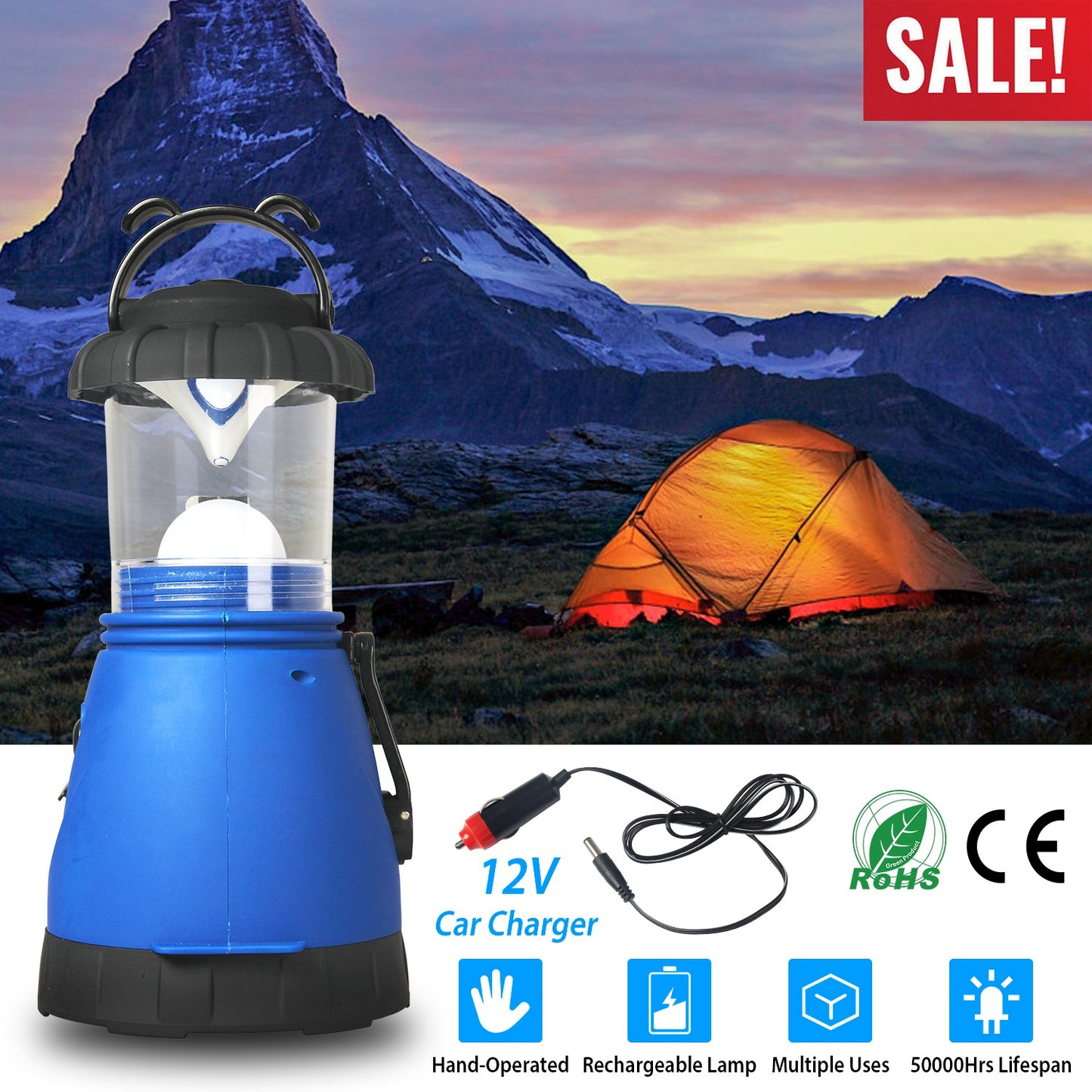 Camping Light Hand Crank Hiking Emergency Spotlight Lantern Lamps w/ Car Charger