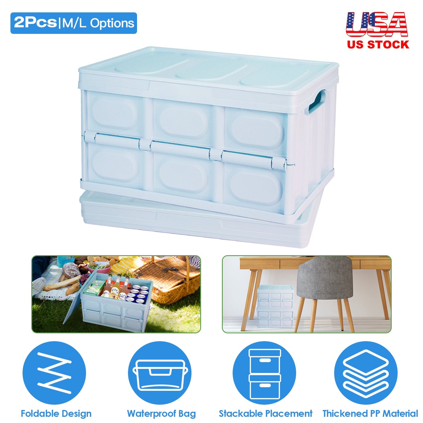 2Pcs 30L Collapsible Storage Bins With Dustproof Lid Waterproof Interior Bag Handle Stackable Storage Box Container Utility Organizer Crate For Campin