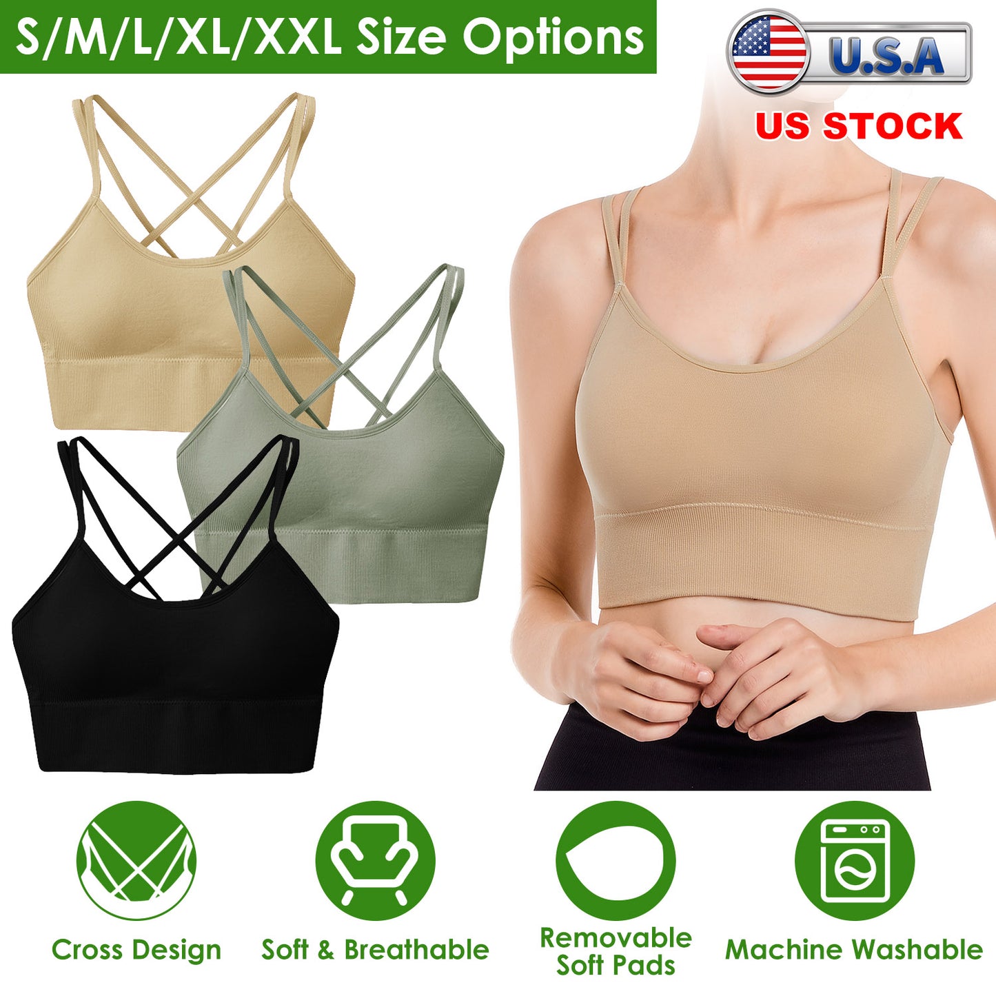 3Packs Women Cross Back Sport Bras Padded StrappyÊMedium Support Bras SexyÊFitnessÊTank Tops with Removable Pads for Gym Yoga Workout Running