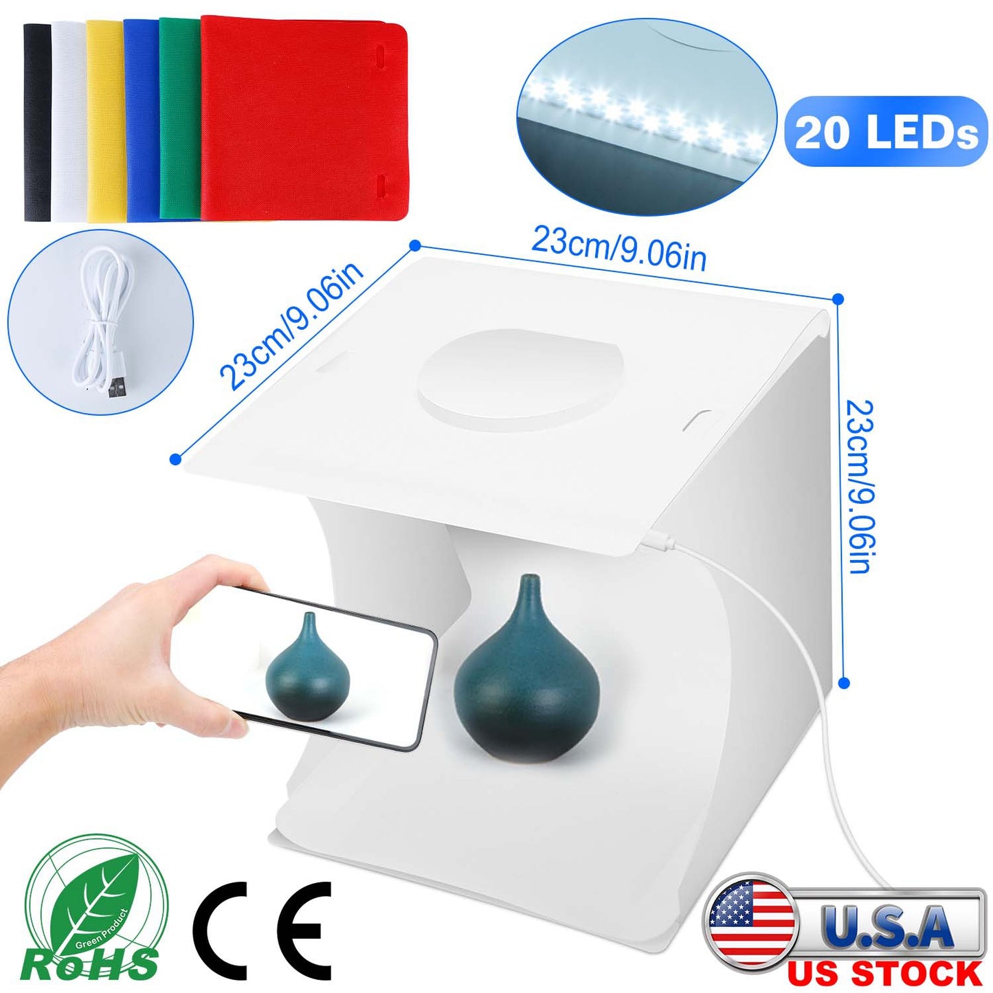 Mini Photo Studio Box Photography Shooting Light Tent Kit Foldable LED Light Box Kit W/ 6 Color Backdrops 20LED Beads