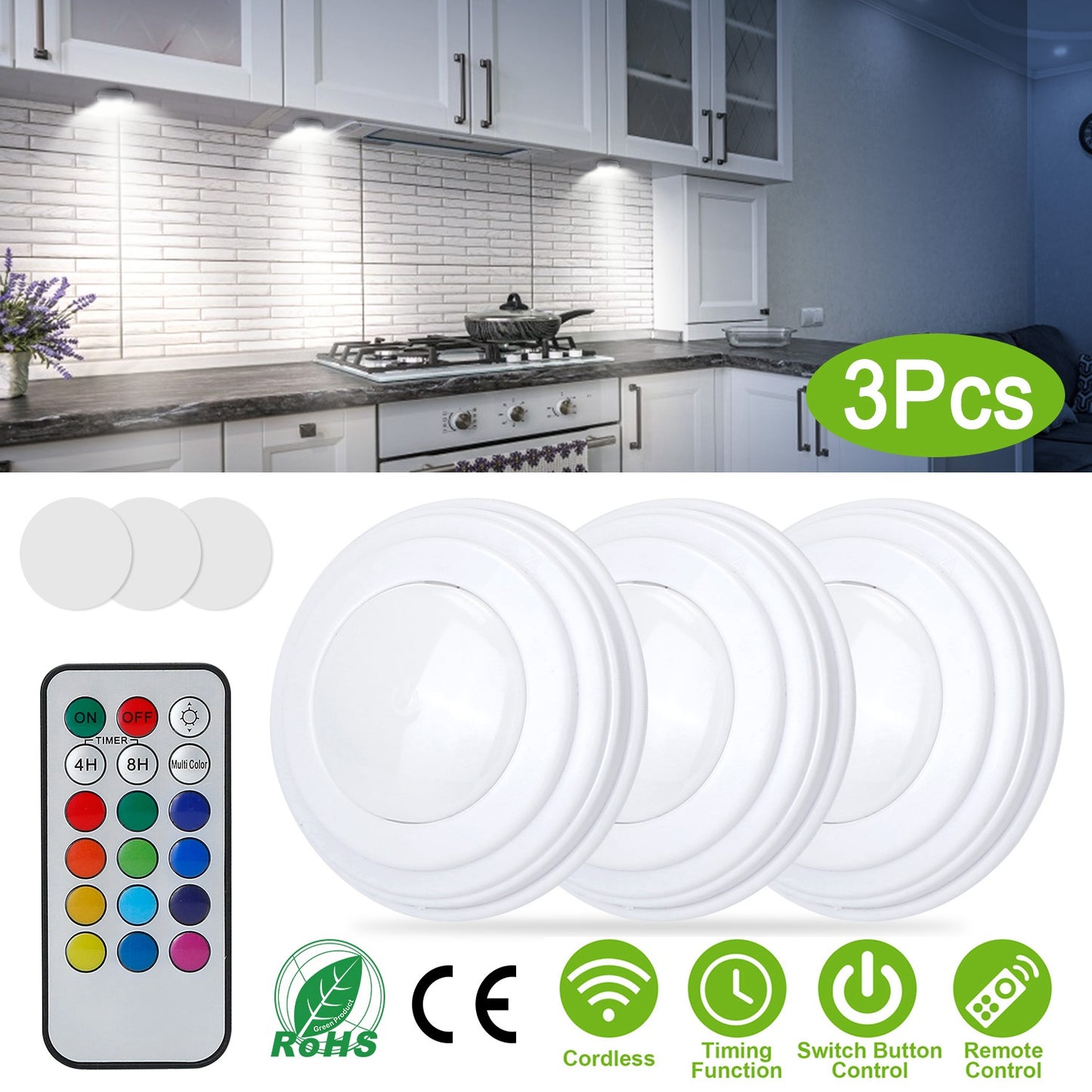 3Pcs RGB Cabinet Lights Remote Control Under Closet Stick On Lamp Multi Color LED Light Light w/ 4/8Hrs Timer