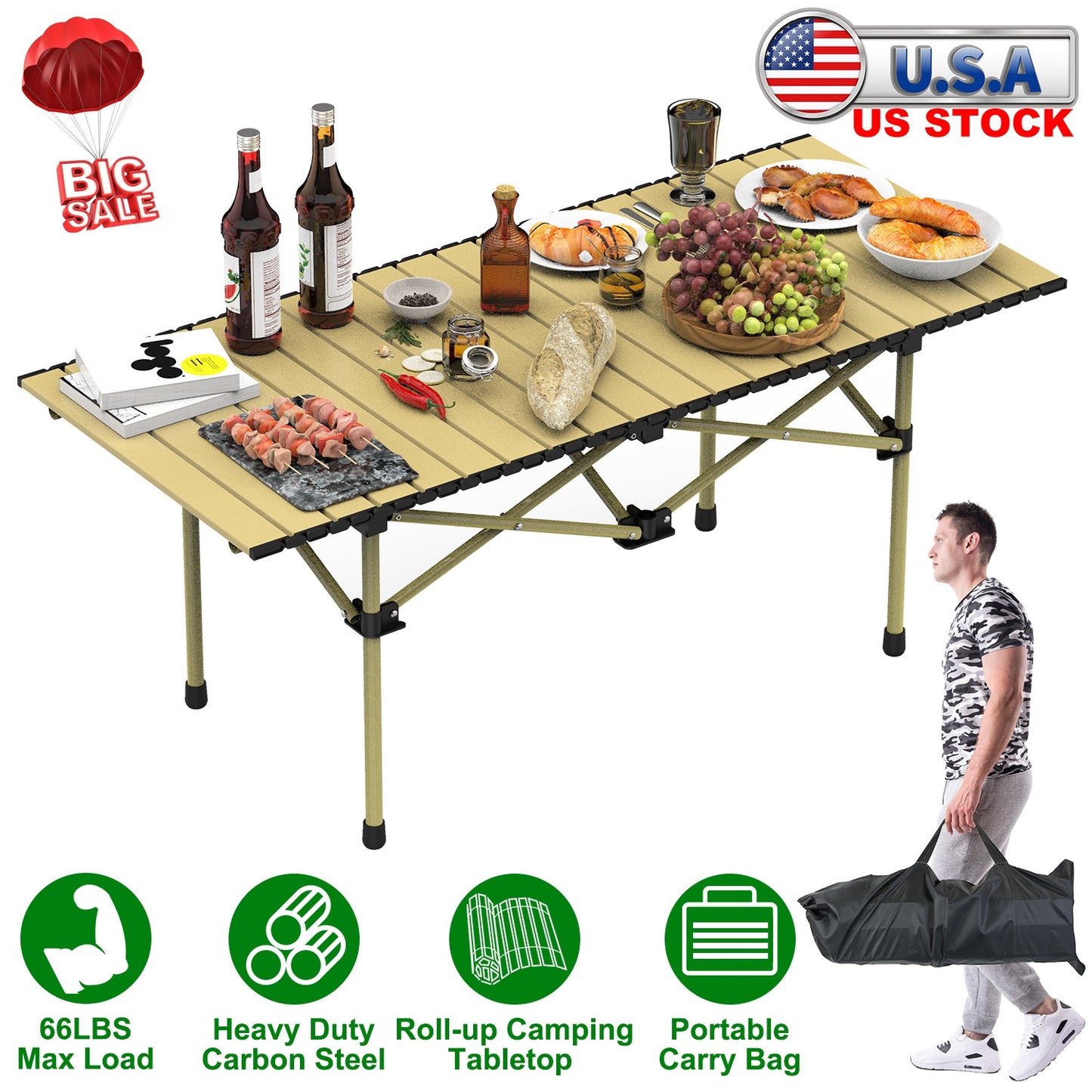 Folding Camping Table Portable Lightweight Carbon Steel Roll-up Picnic BBQ Desk with Carry Bag Heavy Duty for Outdoor Beach Backyard Party Patio Campi
