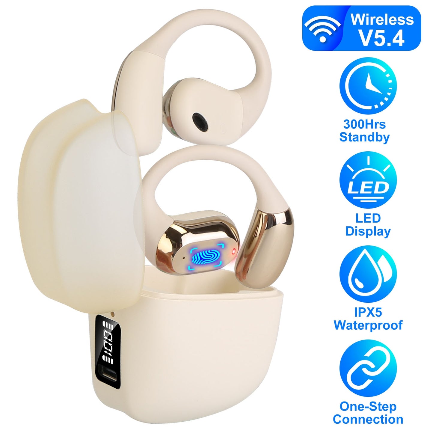 Wireless V5.4 Open Ear Earbuds with Earhook LED Display Charging Case IPX5 Waterproof 300Hrs Standby Time Touch Control Stereo Sport Headphones for Wo