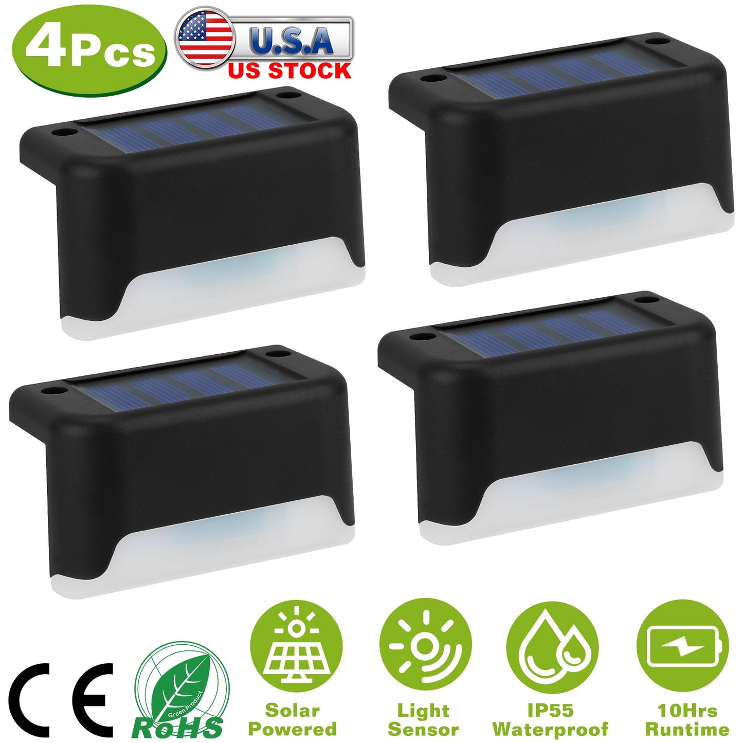 4Pcs Solar Powered LED Step Lights Outdoor IP55 Waterproof Dusk To Dawn Sensor Fence Lamps For Stairs Yard Railing