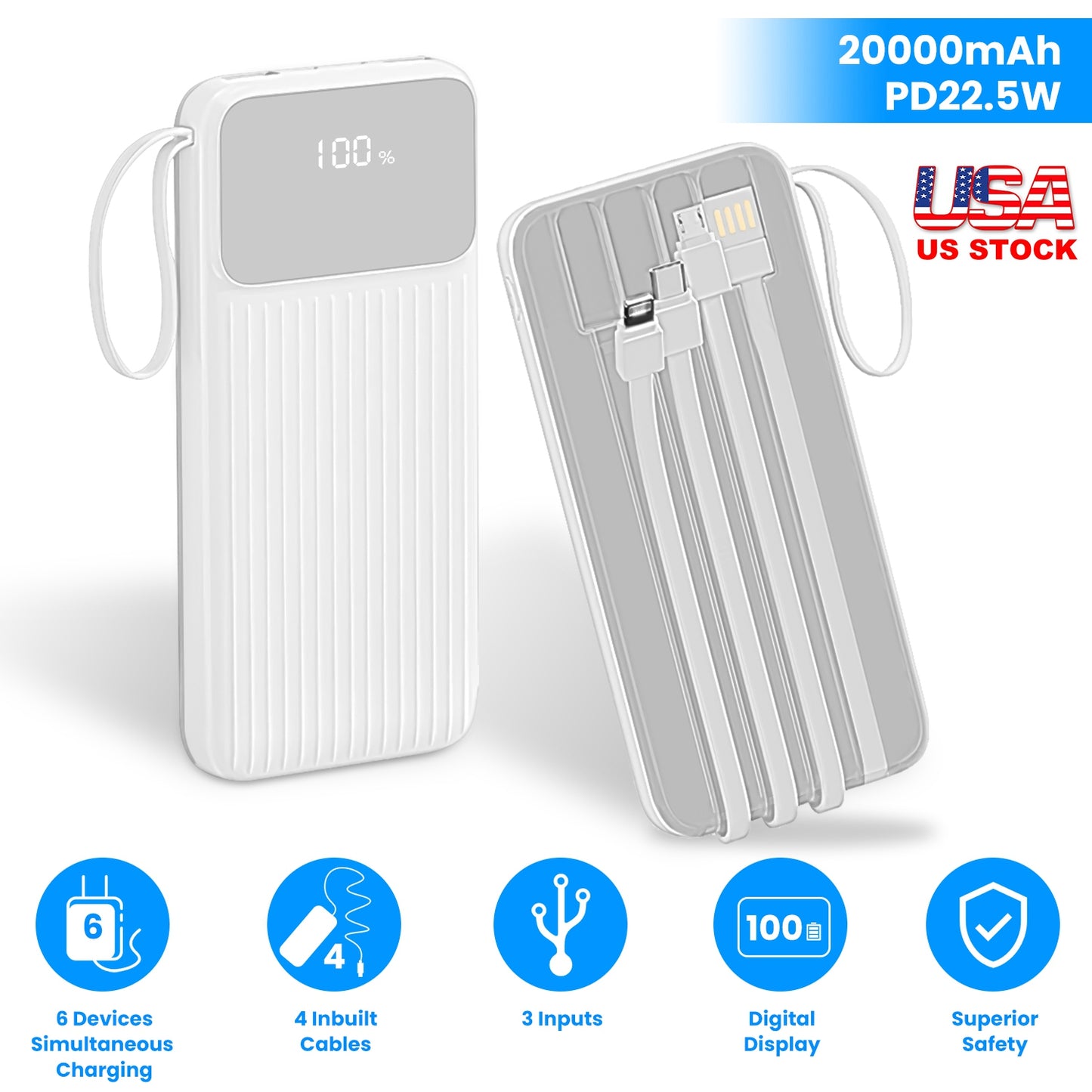 PD22.5W Fast Charger 20000mAh Fast Charging Power Bank Portable Charger with 4 Inbuilt Cables Digital Display Handle Fit For IOSPhone 15/14 Android An