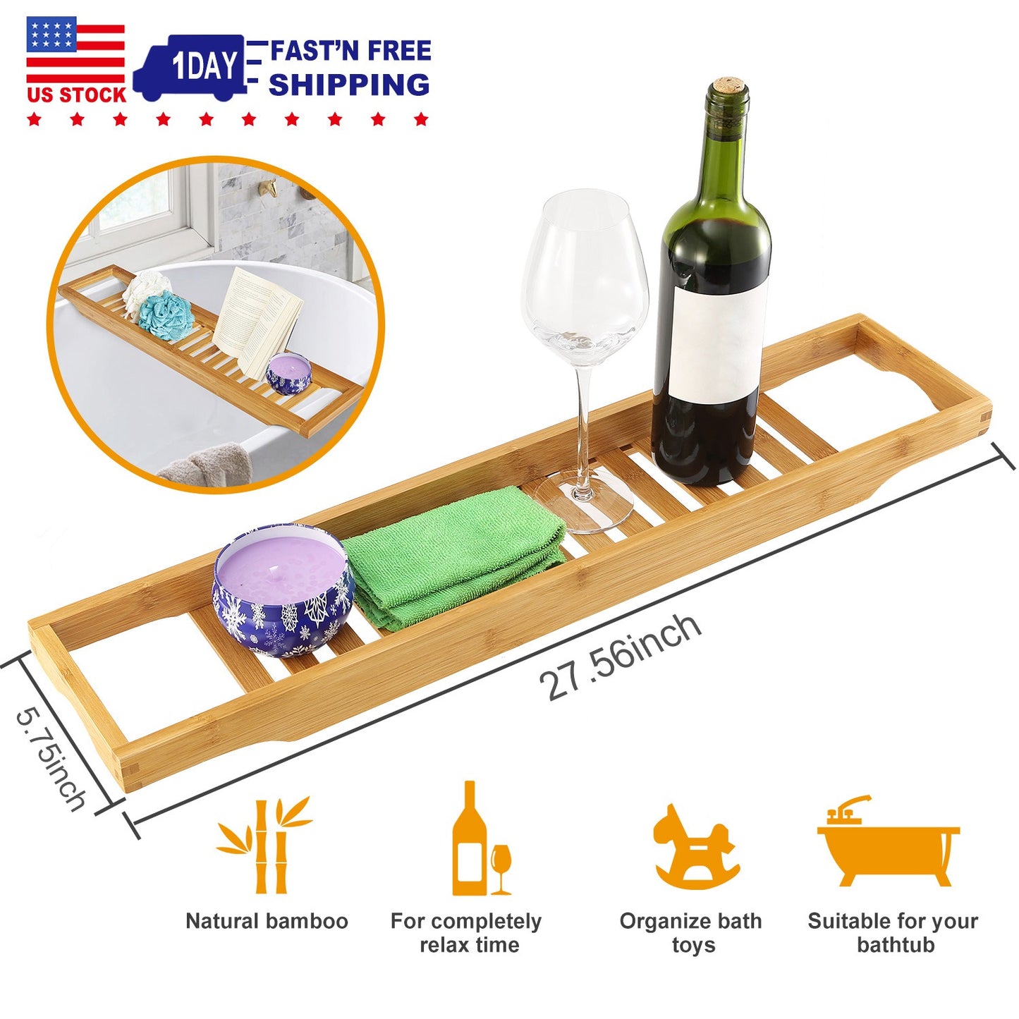 Bamboo Bathtub Tray Bath Table Bathroom Storage Rack Soap Cellphone Wine Glass Shelf Organizer