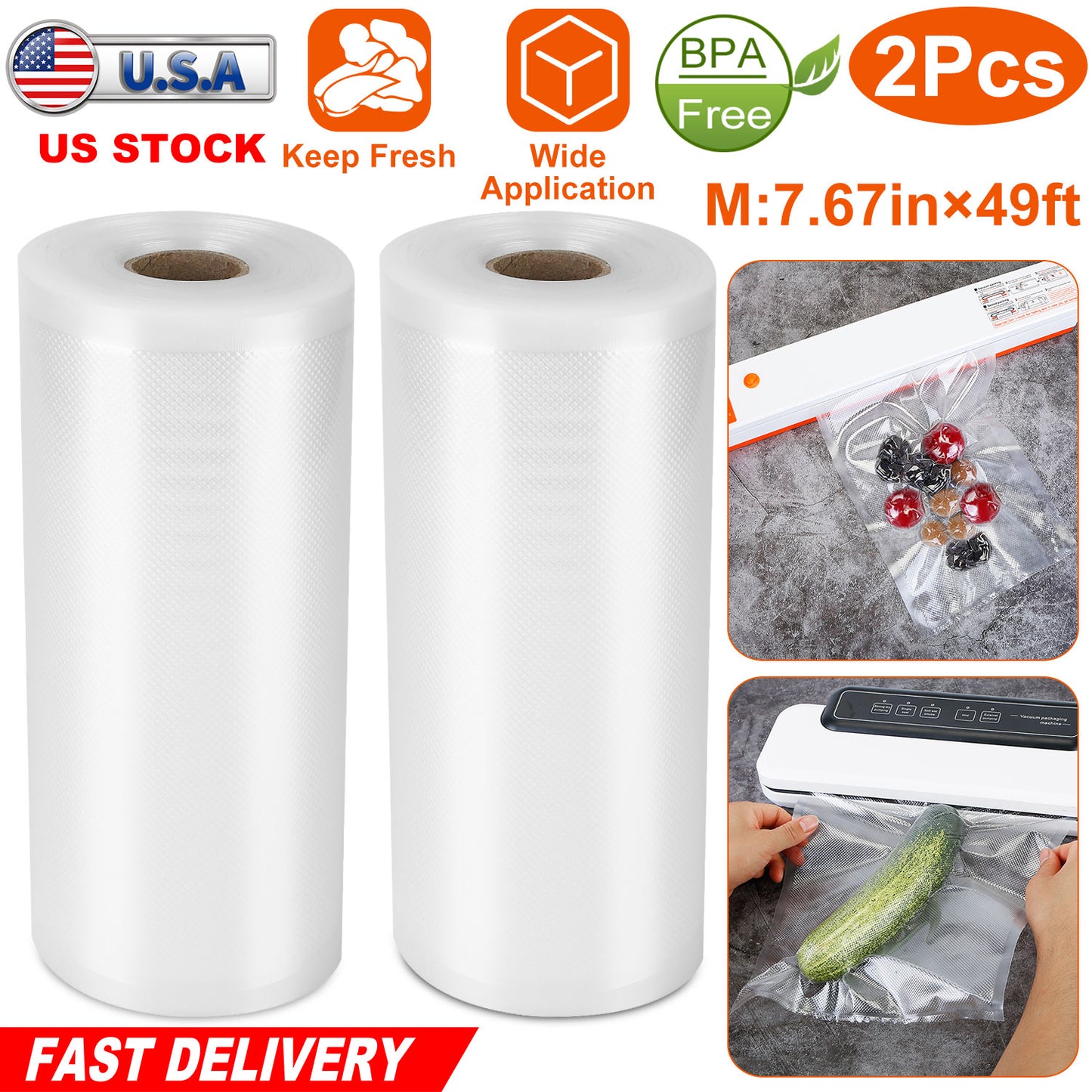 2 Rolls of Vacuum Sealer Bags 7.67inx49ft BPA Free Safe Vacuum Bags Keep Fresh Vacuum Machine (M)