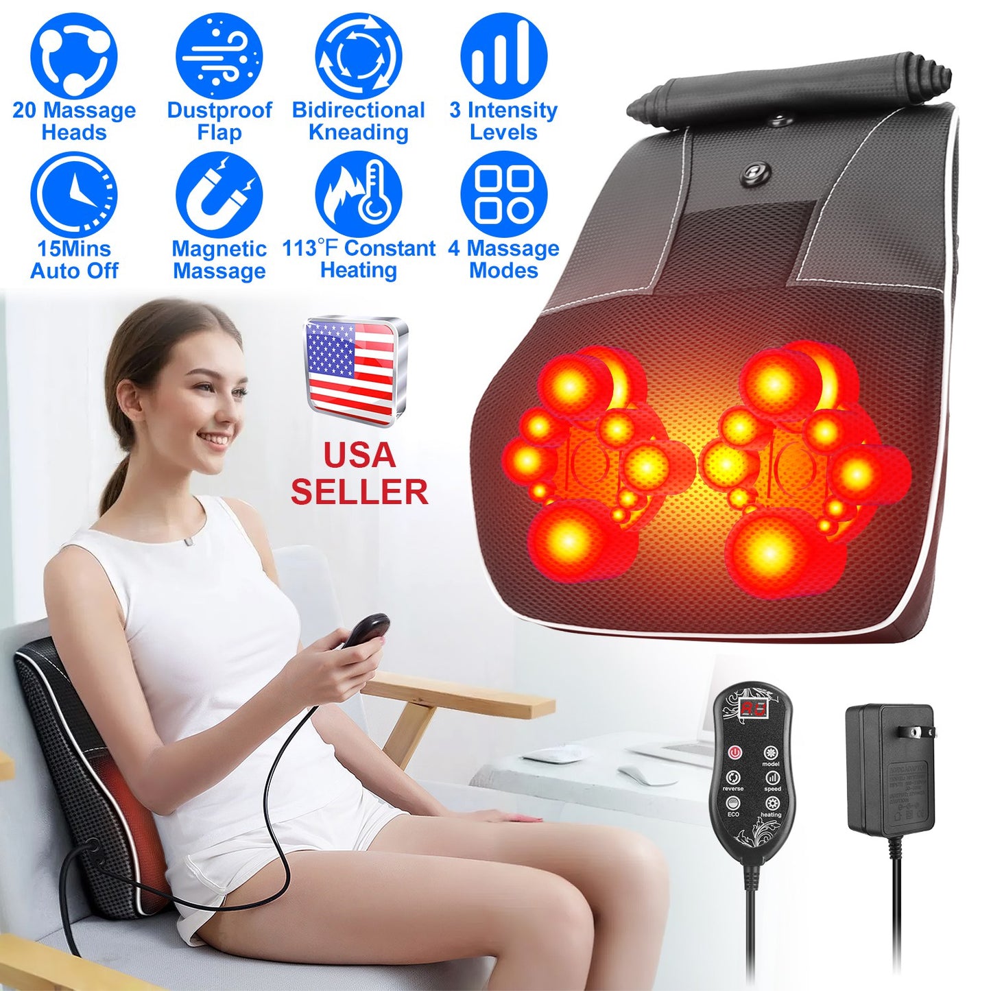 Back Massager with Heat 3D Kneading Massage Pillow Shiatsu Full Body Massager for Back Neck Waist Arm Abdomen Calf