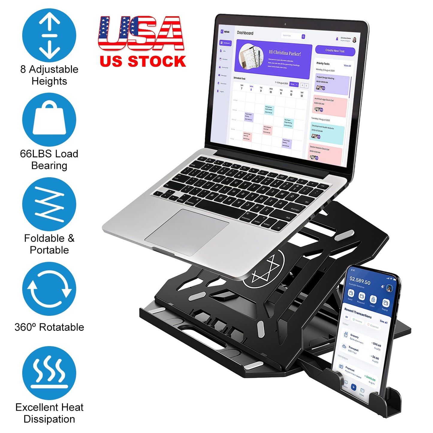 360¼ Rotating Laptop Riser Stand Foldable Desk Laptop Riser Tablet PC Holder with Phone Stand 8 Level Adjustable Height Inbuilt Handle for Home Office