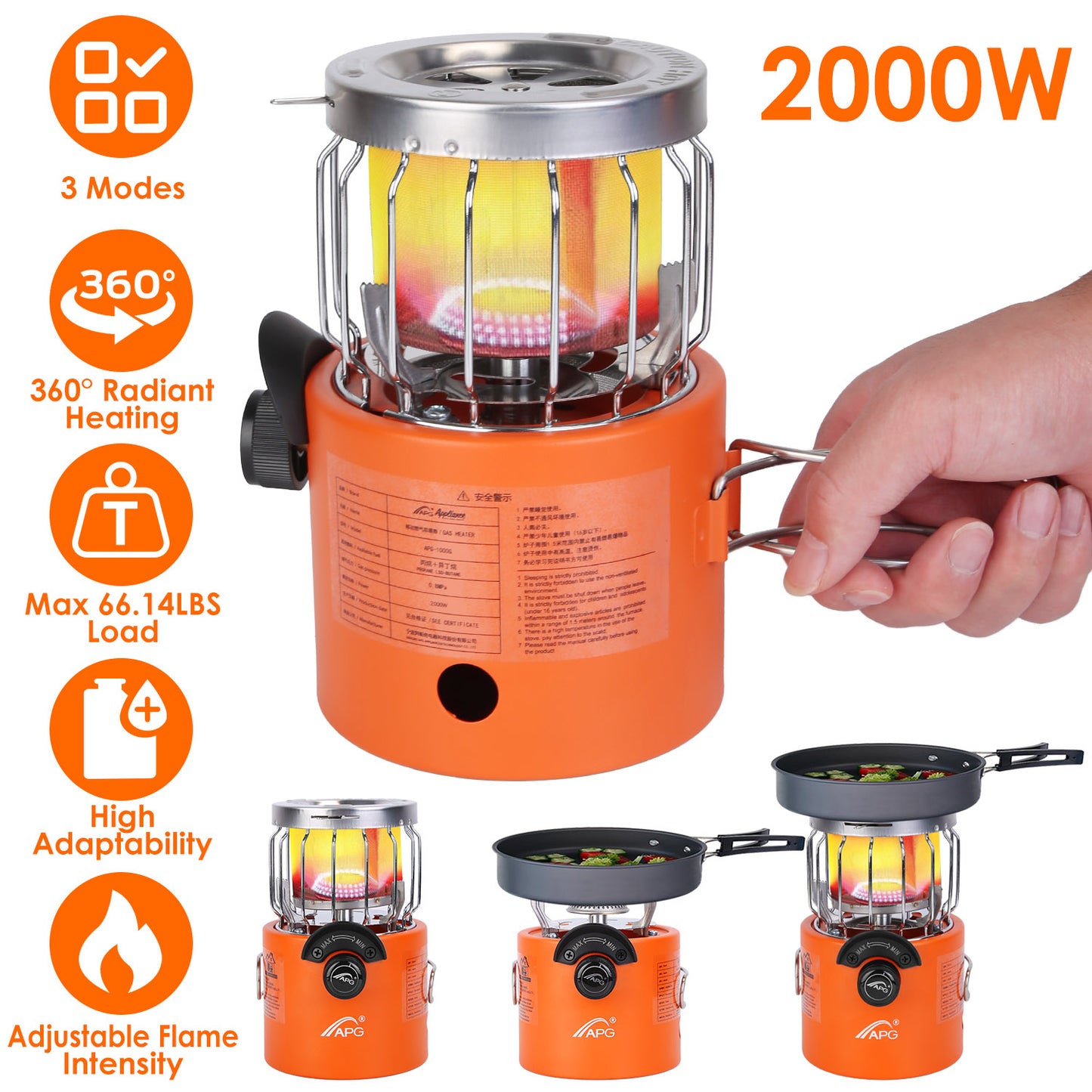 2000W 2 In 1 Camping Stove Tent Heater Outdoor Gas Stove Portable Backpacking Stove with 3 Modes 360¡ Radiant Heating for Camping Hiking Picnic BBQ