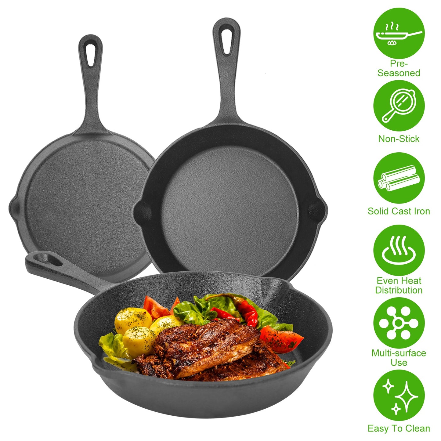 3Pcs Pre-Seasoned Cast Iron Skillet Set 6/8/10in Non-Stick Oven Safe Cookware Heat-Resistant Frying Pan for Frying SautŽing Cooking Baking