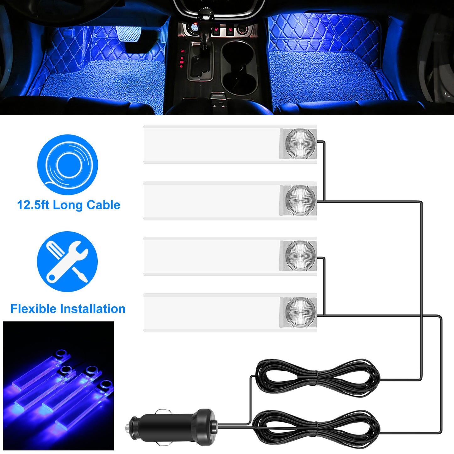 4Pcs Car Interior LED Atmosphere Light Car Charge Decorative Lamp DC 12V Blue Light