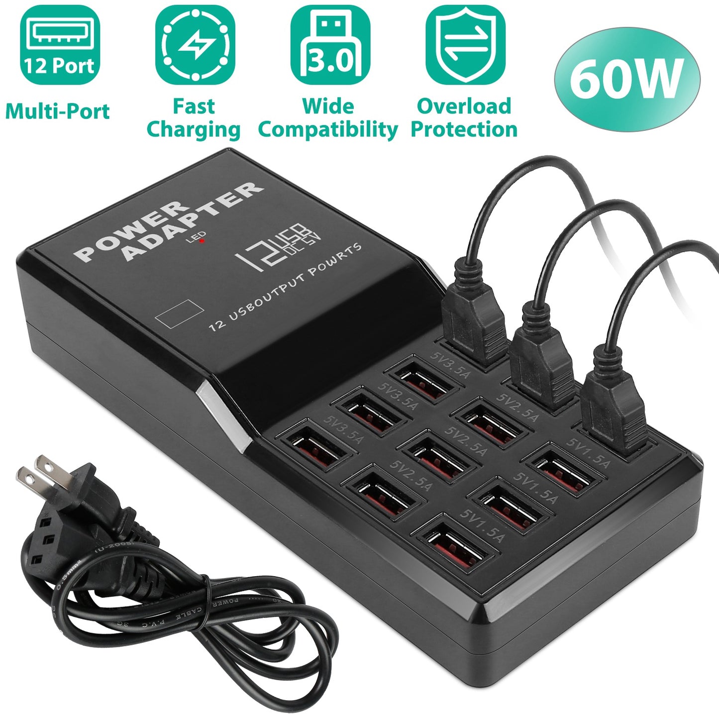 Multi 12 Port USB Charging Station Hub 60W Desktop USB Hub Multiple USB Charger Fast Charge For iPod iPhone 3.74ft Power Cord