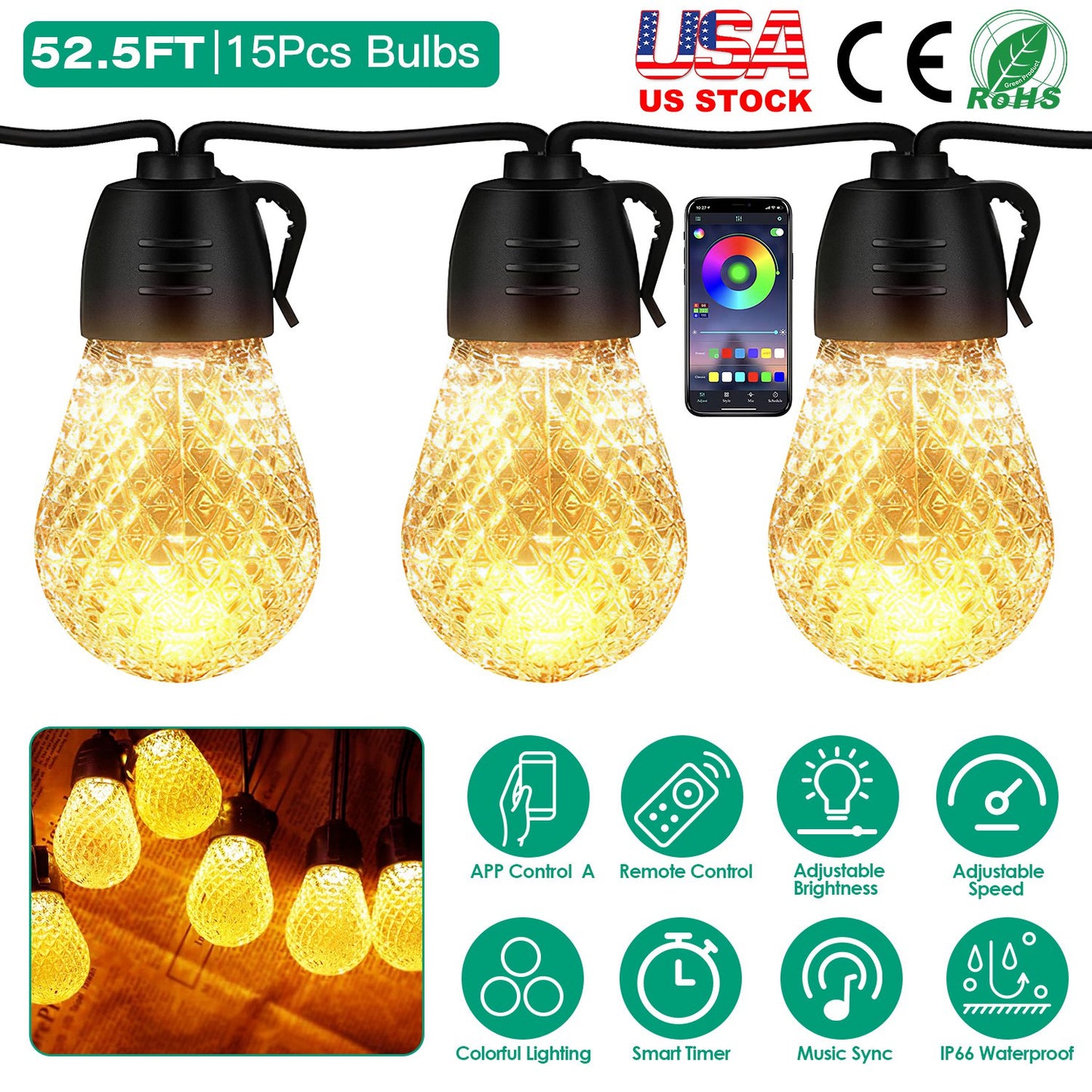 52.5FT Colorful Outdoor String Lights Smart RGB LED Patio Lights IP66 Waterproof Dimmable Hanging Light Bulbs with APP/ Remote Control 15 Bulbs