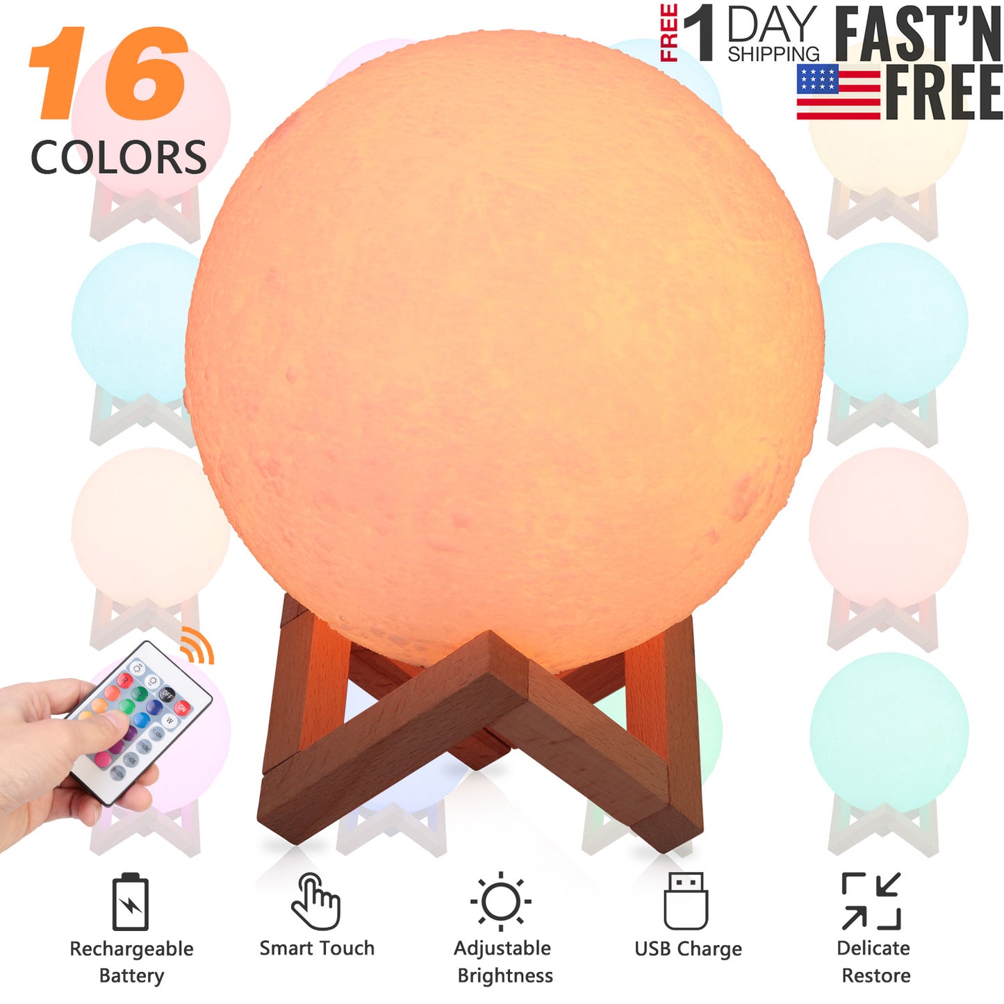 Moon Lamp 3D Printed Night Light 16 Colors Decorative Moon Light Touch Remote Control 3.15in