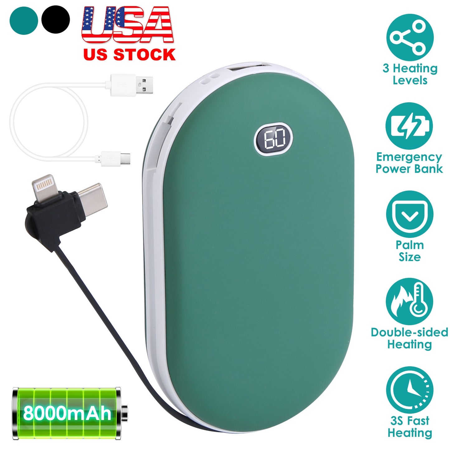 8000mAh 2 In 1 Electric Hand Warmer Rechargeable Hand Heater Portable Pocket Warmer with Power Bank 3 Heating Levels Digital Display Double-sided Heat