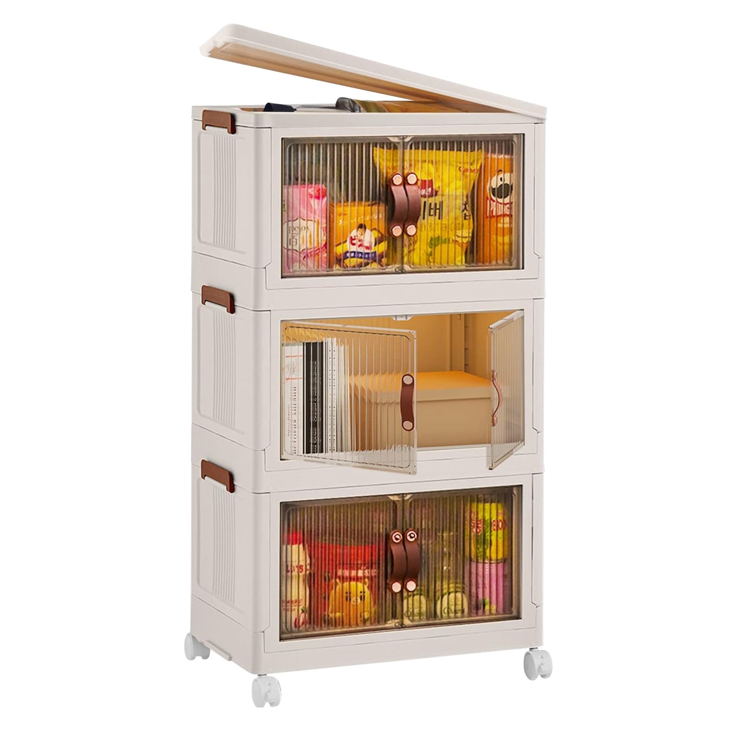 3Pcs Foldable Storage Bins with Lid Front Magnetic Door Collapsible Stackable Closet Organizer Containers with 4Pcs 360¡ Rotatable Wheels 8Pcs Small W