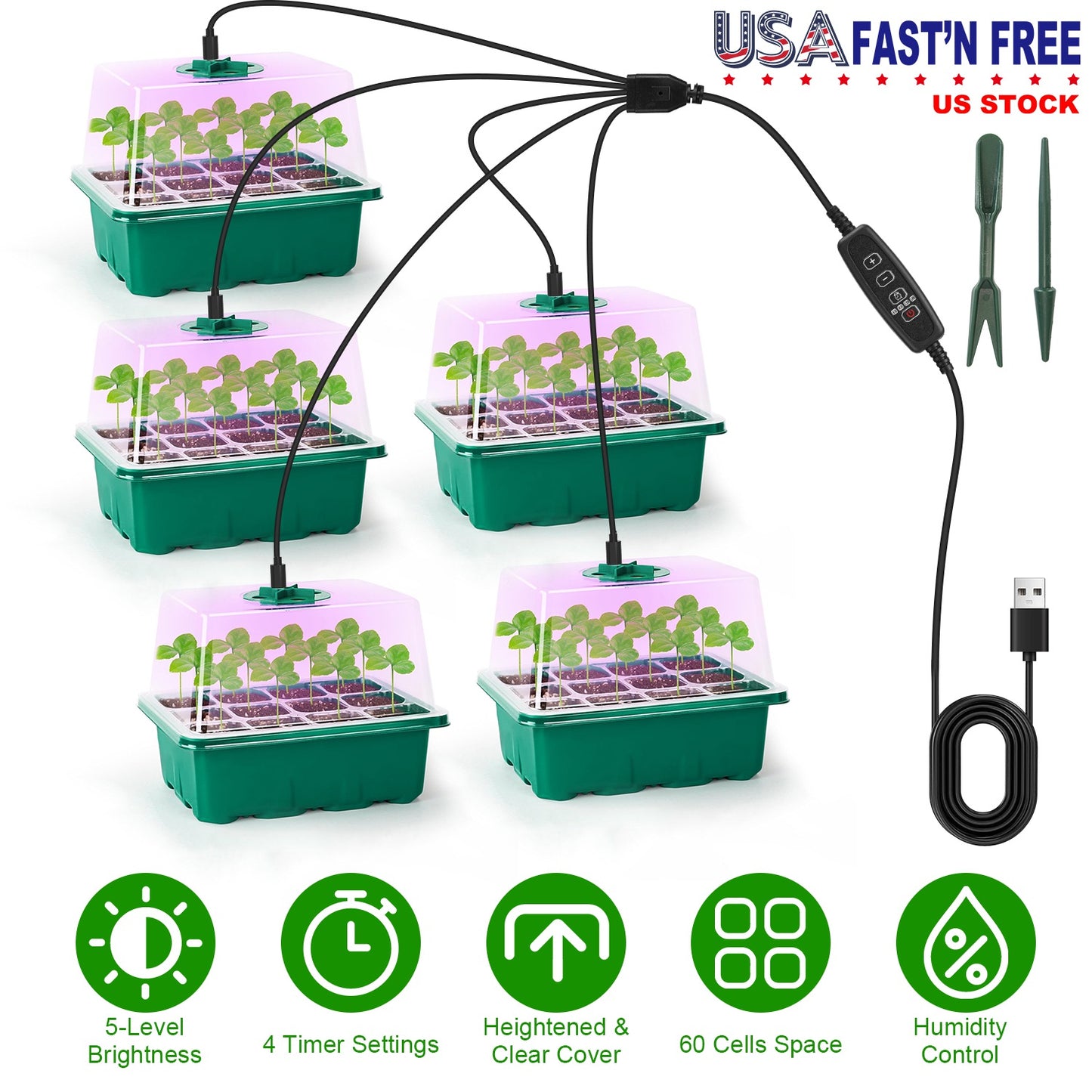 5Packs Seed Starter Tray With Grow Light Humidity Dome Germination Kit with 5-Level Brightness 4 Timers for Indoor Greenhouse