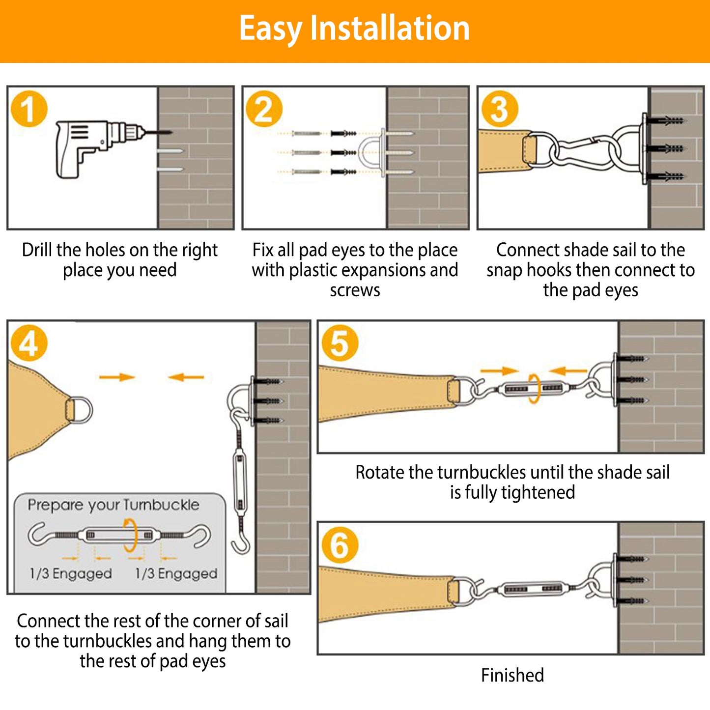 Sun Shade Sail Hardware Kit Stainless Steel Canopy Installation Kit Fixing Accessory for Rectangular Square Shade Sail Installation