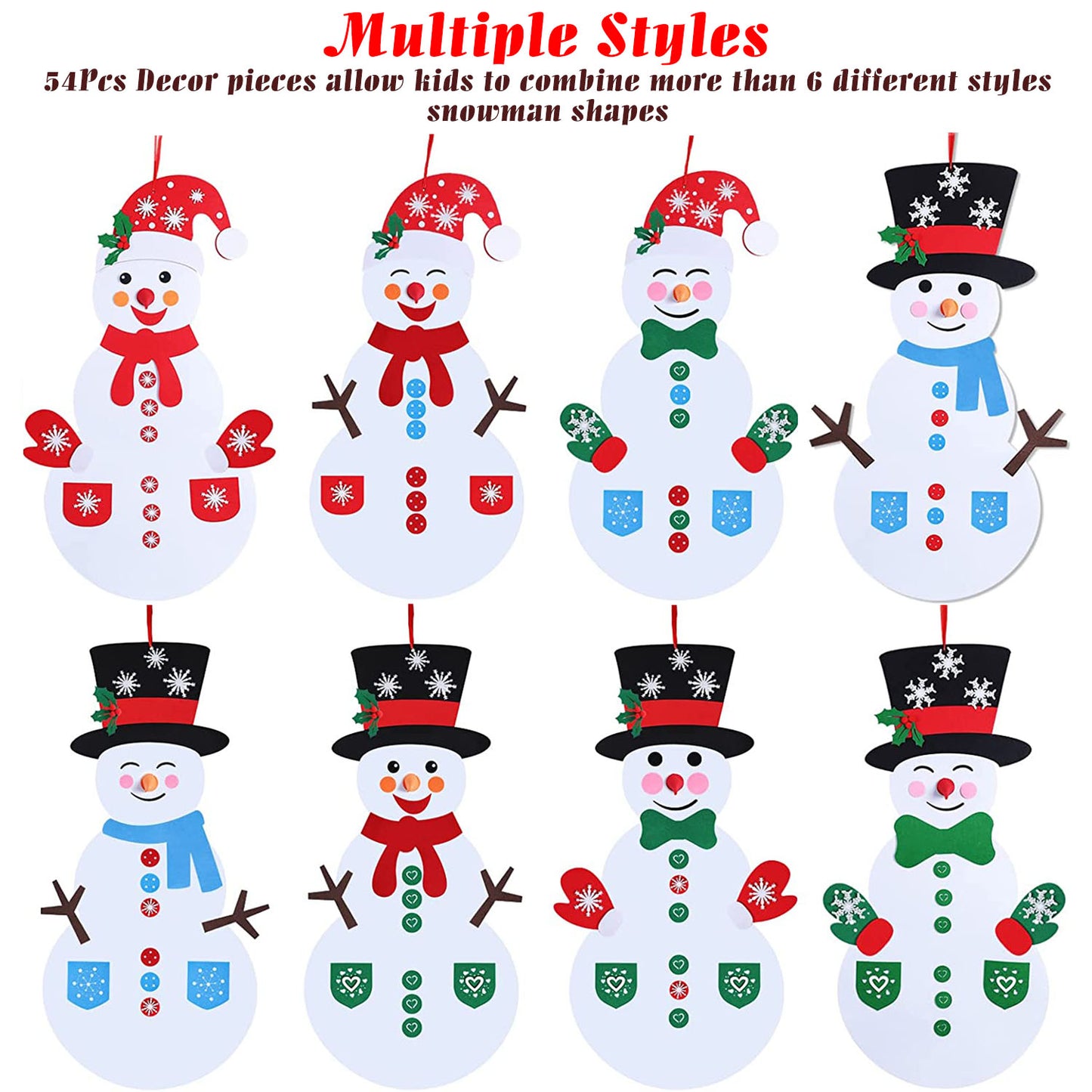 Felt Christmas Snowman Set DIY Felt Christmas Hanging Decorations Kits with 54Pcs Detachable Ornaments Xmas Gift for Toddlers