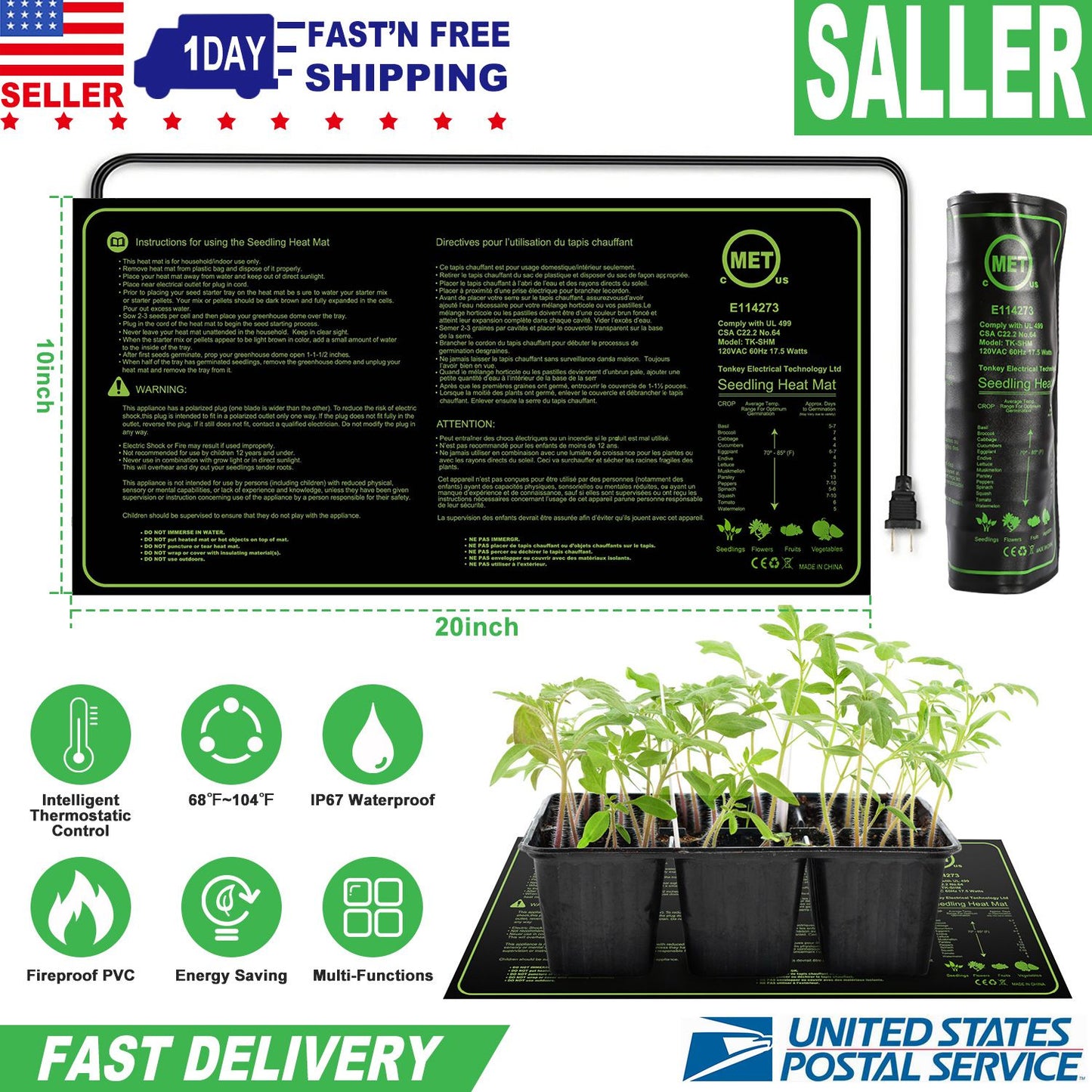 10" x 20" Seedling Heat Mat IP67 Waterproof Plant Warm Hydroponic Heating Pad 17.5W for Seed Germination Cloning Plant Propagation