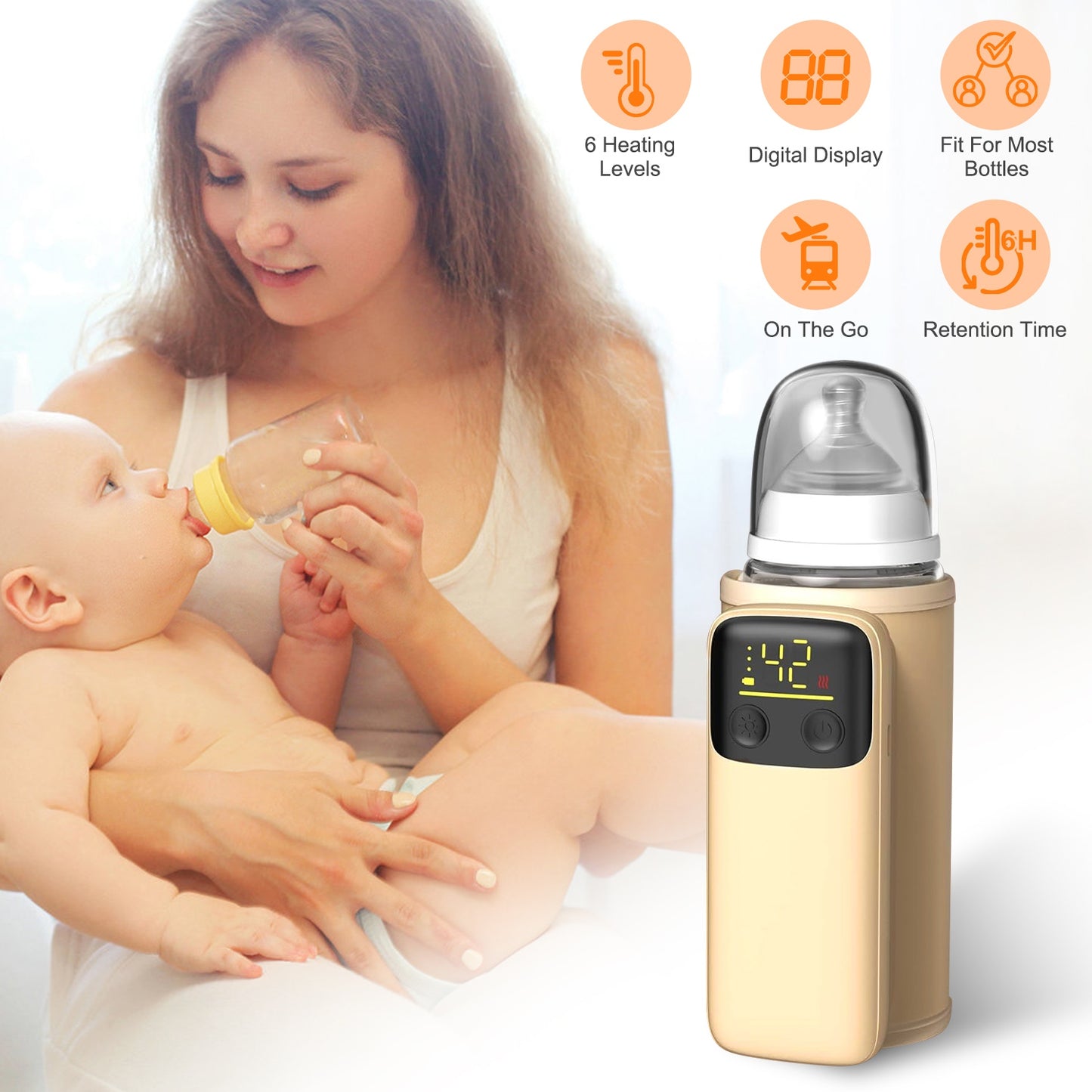 Portable Bottle Warmer with Night Light On The Go Baby Milk Warmer Milk Formula Warmer for Home Travel with 6 Heating Levels