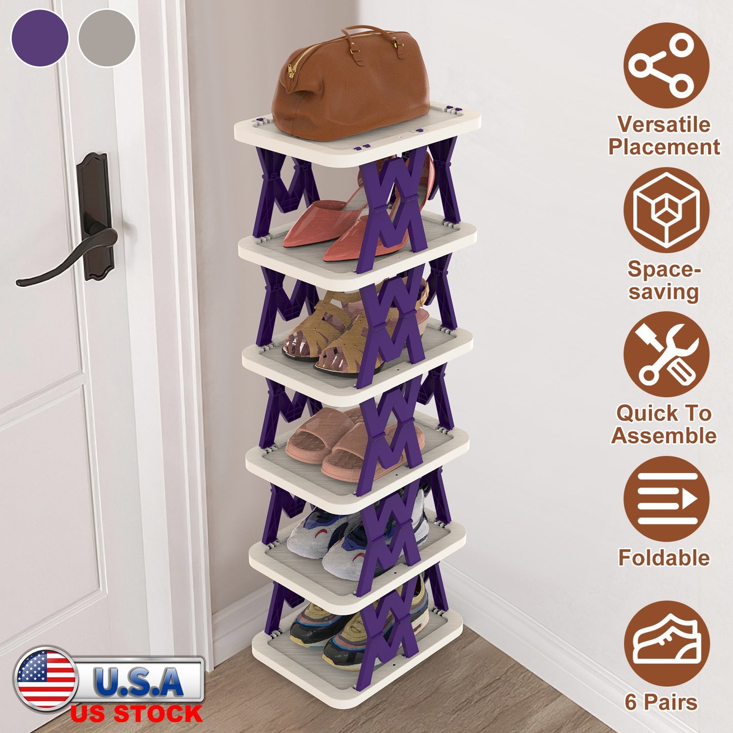 6 Tier Foldable Shoe Rack Vertical Shoe Organizer Narrow Shoe Rack for Small Spaces Space Saving Free Standing for Corner Entryway Hallway Bedroom