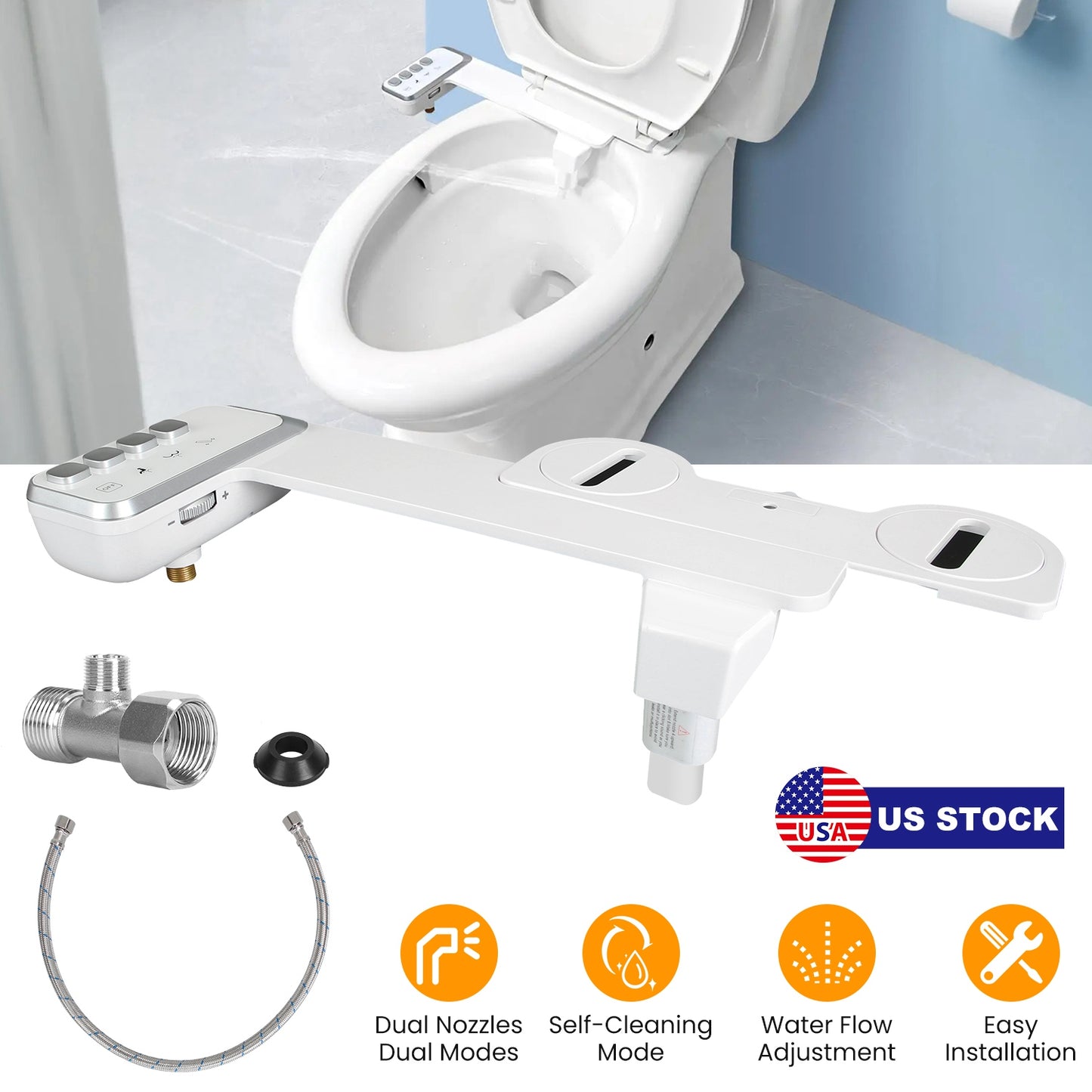 Bidet Attachment for Toilet Non-Electric Fresh Water Bidet Sprayer Toilet Seat Attachment with Dual Nozzles Water Flow Control Self-Cleaning Mode