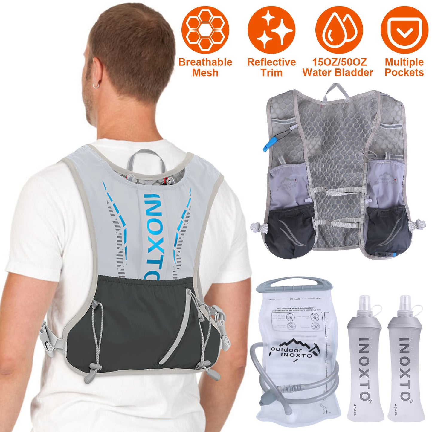 Sport Hydration Vest Running Backpack with 15oz 50oz Water Bladder Adjustable Strap Storage Bag for Trail Running Marathon Race Hiking