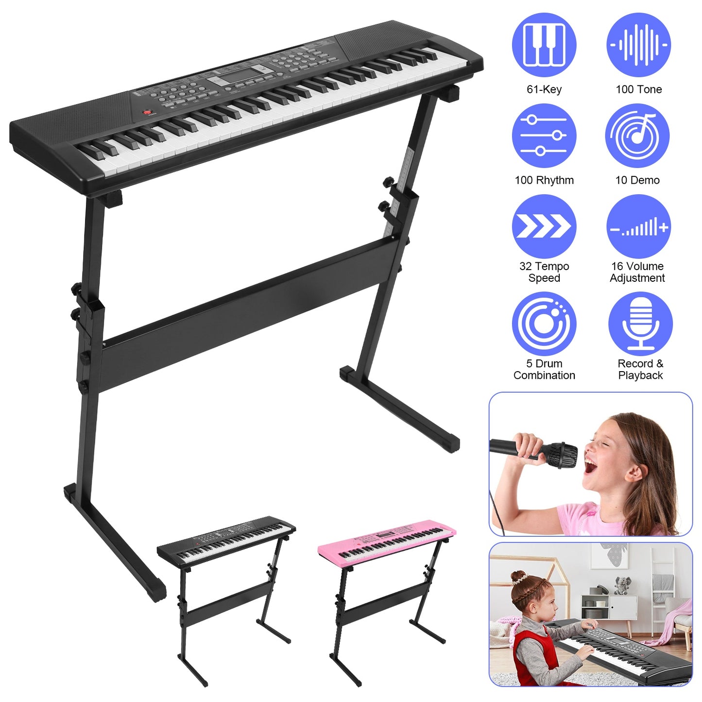 61 Keys Digital Music Keyboard Electric Piano Electronic Musical Instrument Kids Learning Keyboard with Microphone Stand for 3-12 Year Old Kids Girls