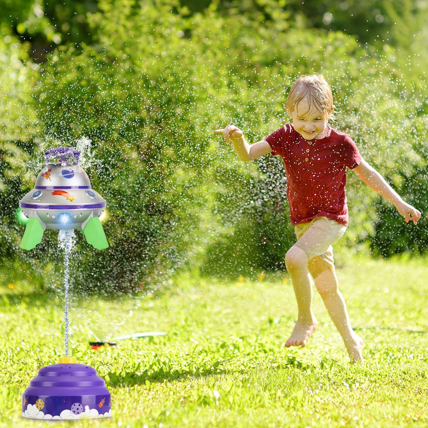 UFO Water Sprinkler Outdoor Summer Rocket Toy With Colorful LED Lights 360¡ Spinning 1.64FT To 6.56FT Adjustable Height Birthday Summer Gift For Girls
