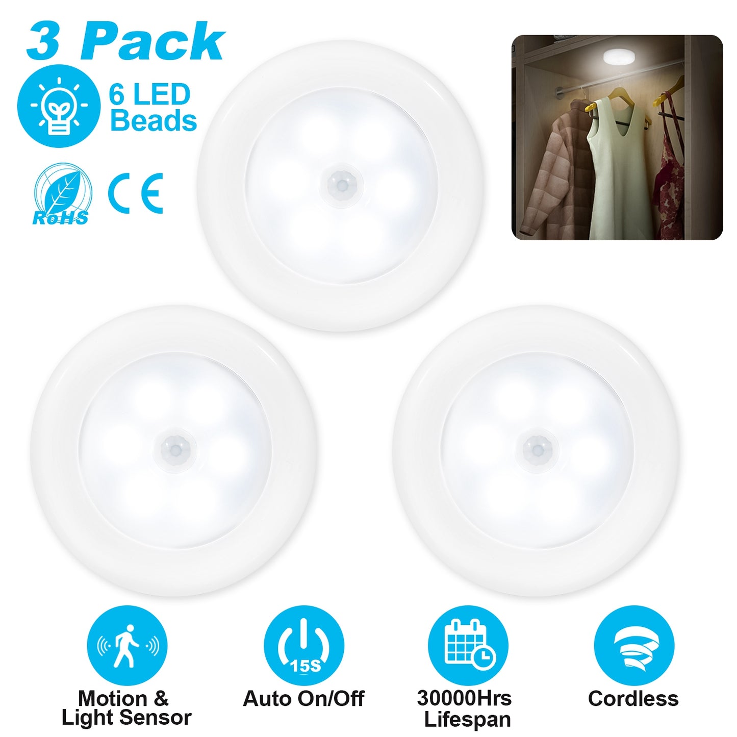 3Pcs Motion Sensor Light Closet Lights Magnetic Stick-on Cordless Night LED Lamp Battery-Powered for Stair Hallway Cabinet Camping