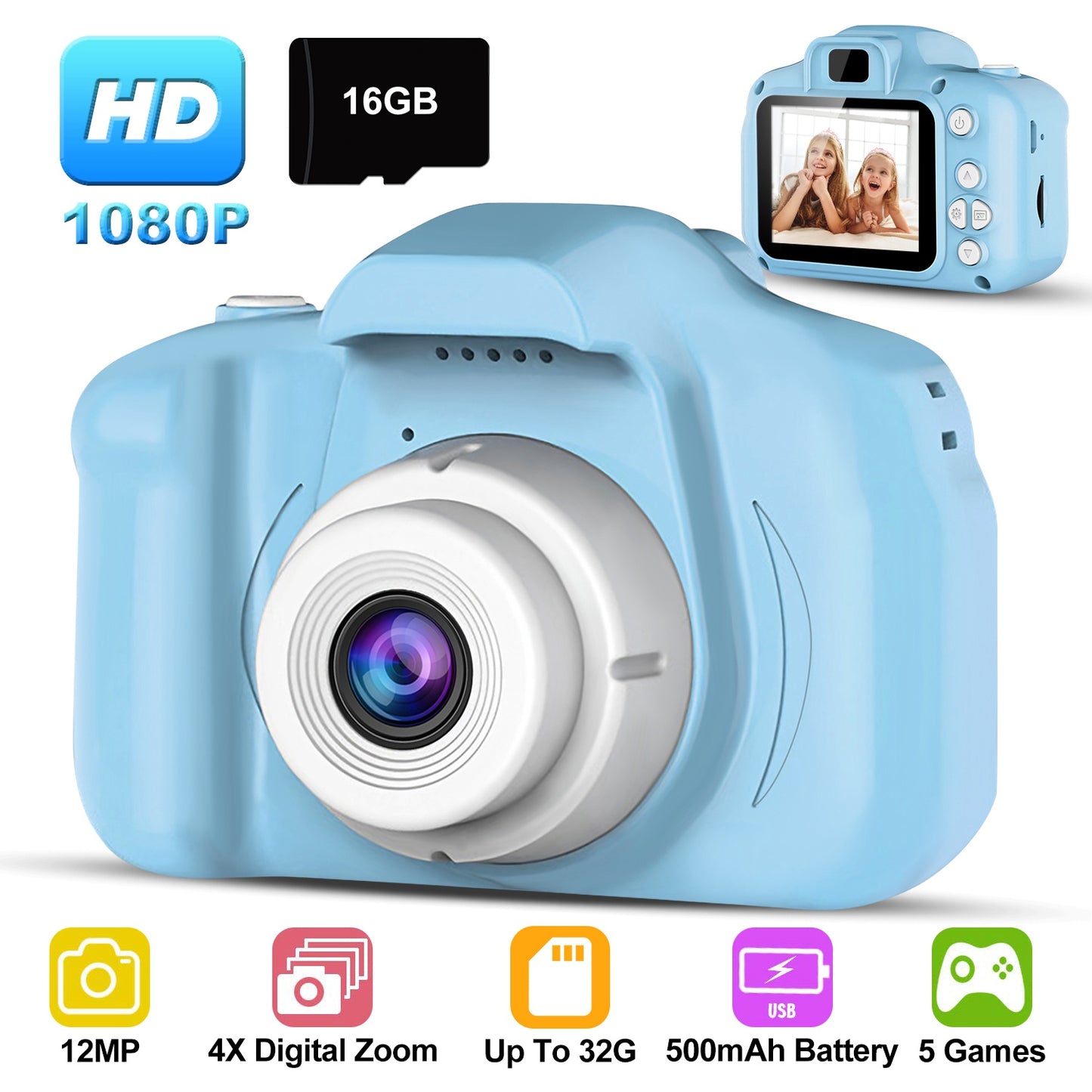 iMounTEK Kids Digital Camera w/ 2.0Ó Screen 12MP 1080P FHD Video Camera 4X Digital Zoom Games 32GB Card Supported Shockproof Child Camcorder for 3-10