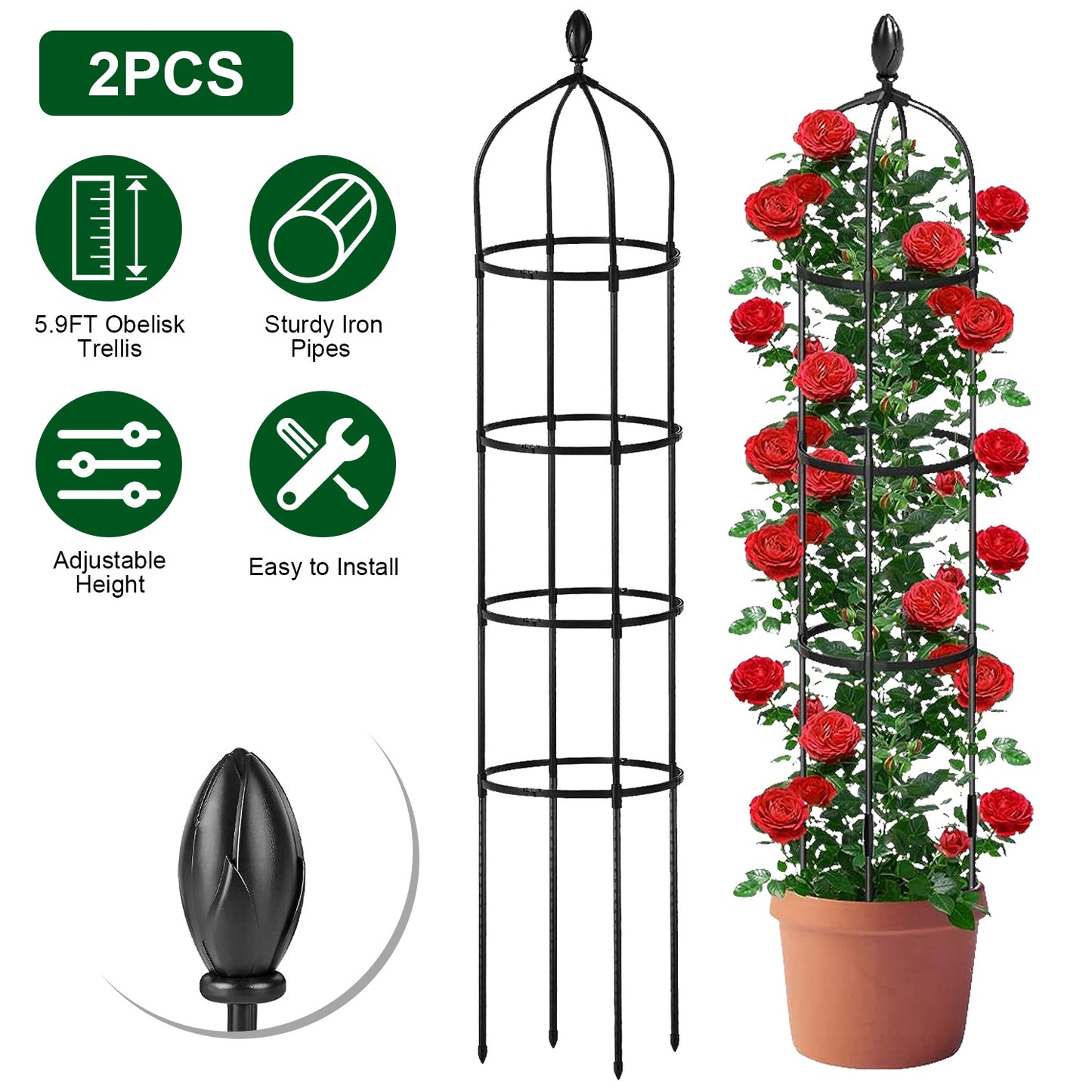 2 Packs Garden Obelisk Trellis 5.9FT Plants Tower for Climbing Plants Flower Vegetable Vine Support Rustproof Garden Plant Trellis Black