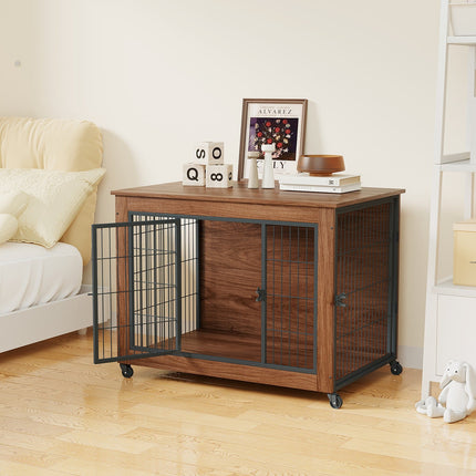 Dog Crate Furniture with Lockable Wheels & Dual Doors