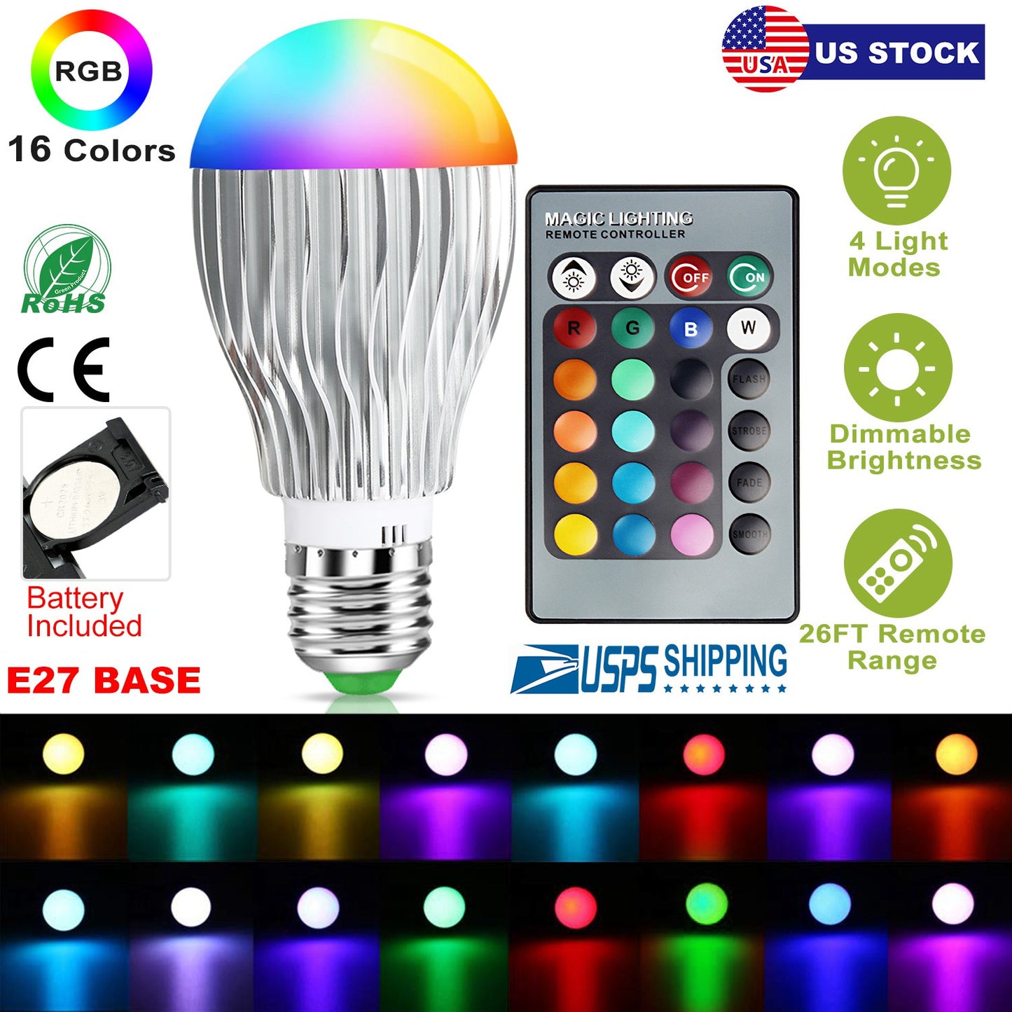 9W LED Light Bulb E27 RGB Lamp Bulb 16 Colors Changable 24-key IR Remote Control for Decor Mood Lighting