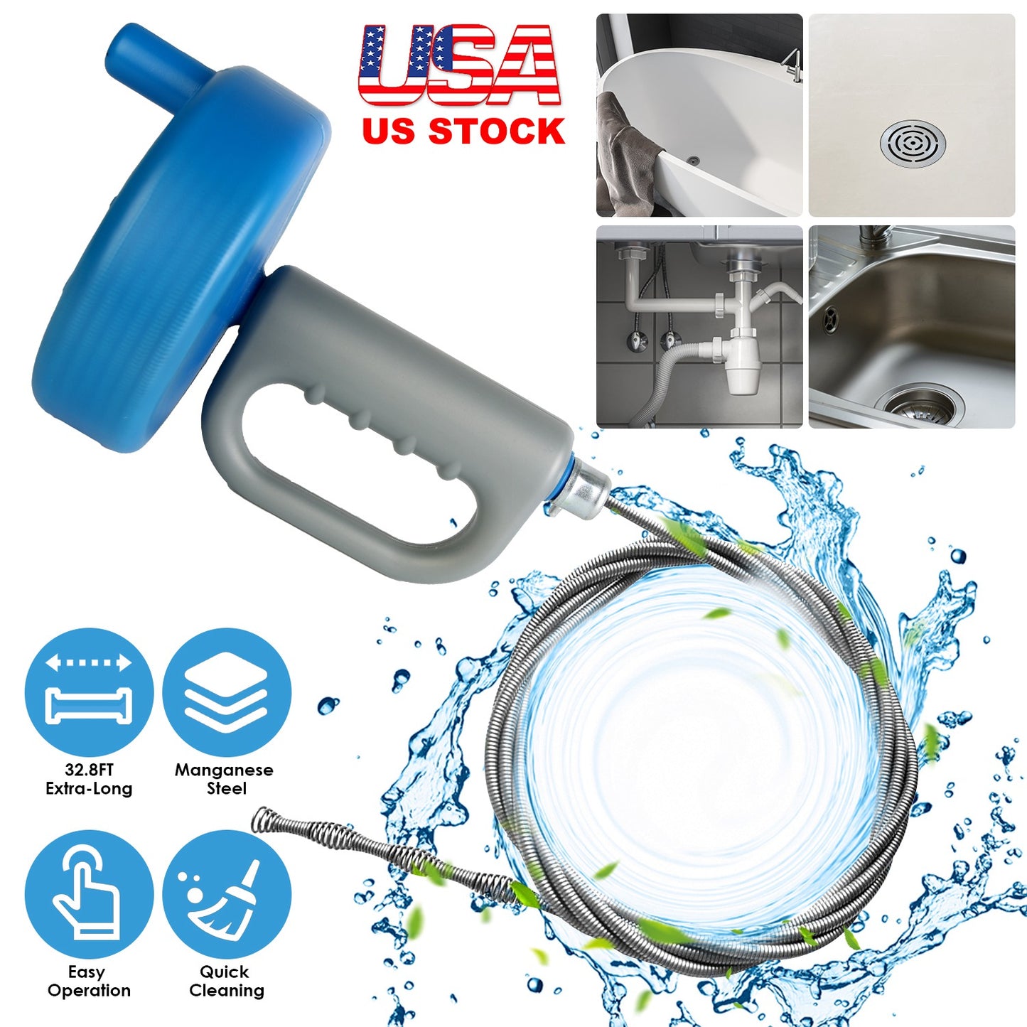 32.8FT Drain Snake Auger Plumbing Snake Hair Clog Remover For Sewer Sink Bathtub Shower Kitchen Bathroom Drain Clog Remover