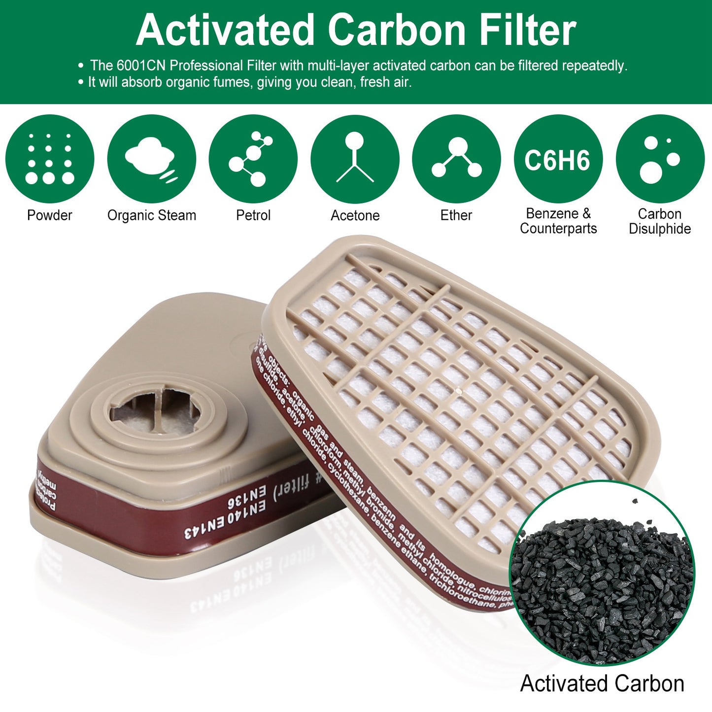 2Pcs 6001 Filter Cartridges Replacement 6001 Organic Vapor Cartridge for Gas Respirator Fit for 6200/7501/7502/6502/6800