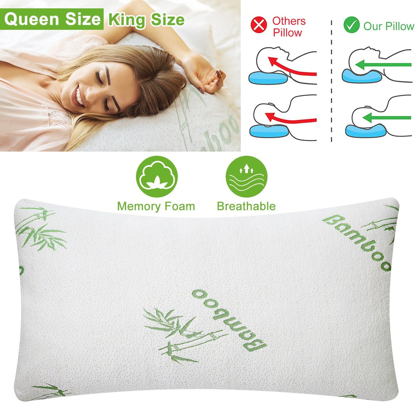 Bamboo Memory Foam Pillow Hypoallergenic Bed Pillow For Head Neck Rest Sleeping Shredded Pillow W/ Washable Cover